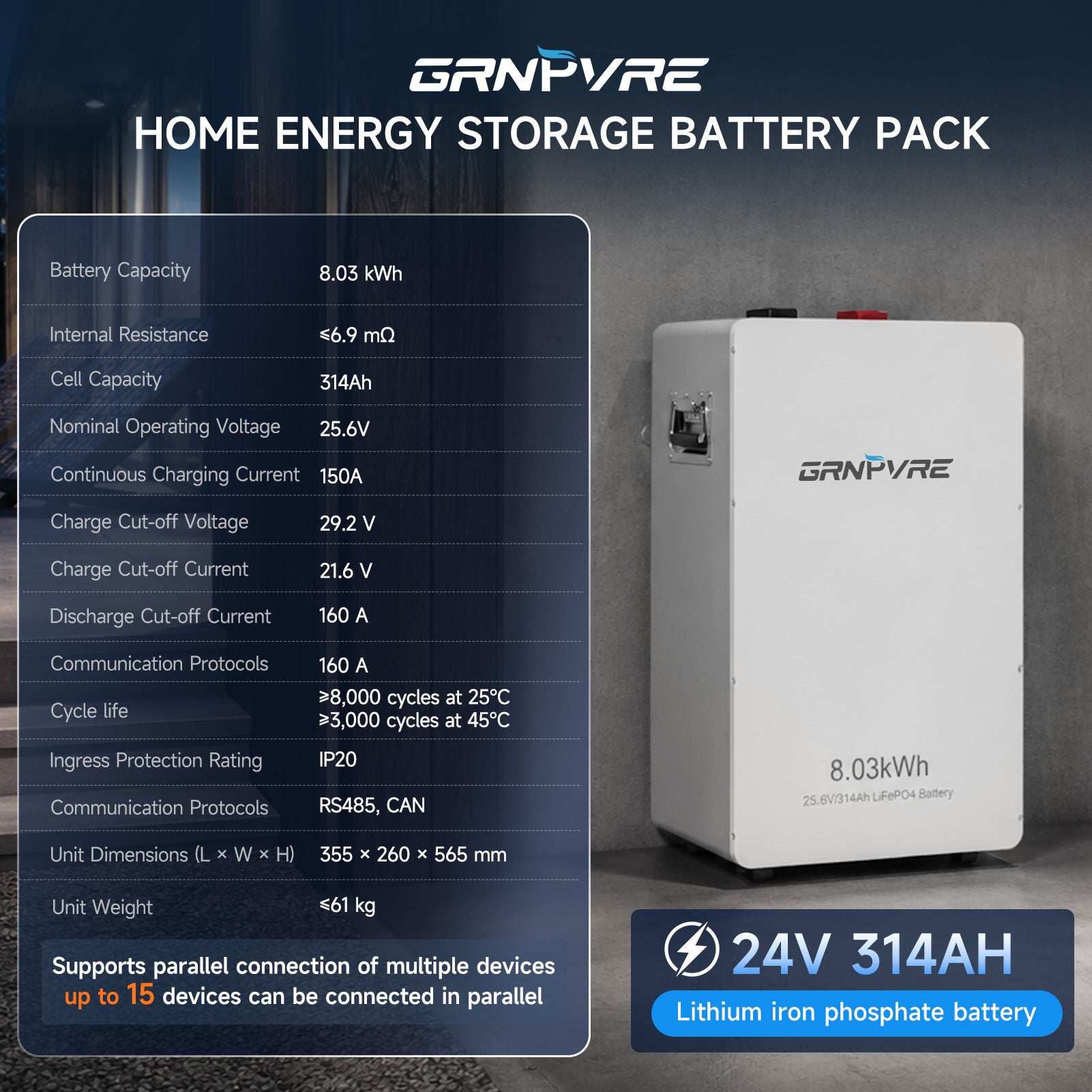 GRNPVRE 24V 314Ah LiFePO4 Solar Battery, 8kWh Energy Storage with 150A BMS & Mobile Bluetooth Control for Home & Off-Grid Systems(Comes with Bluetooth app)