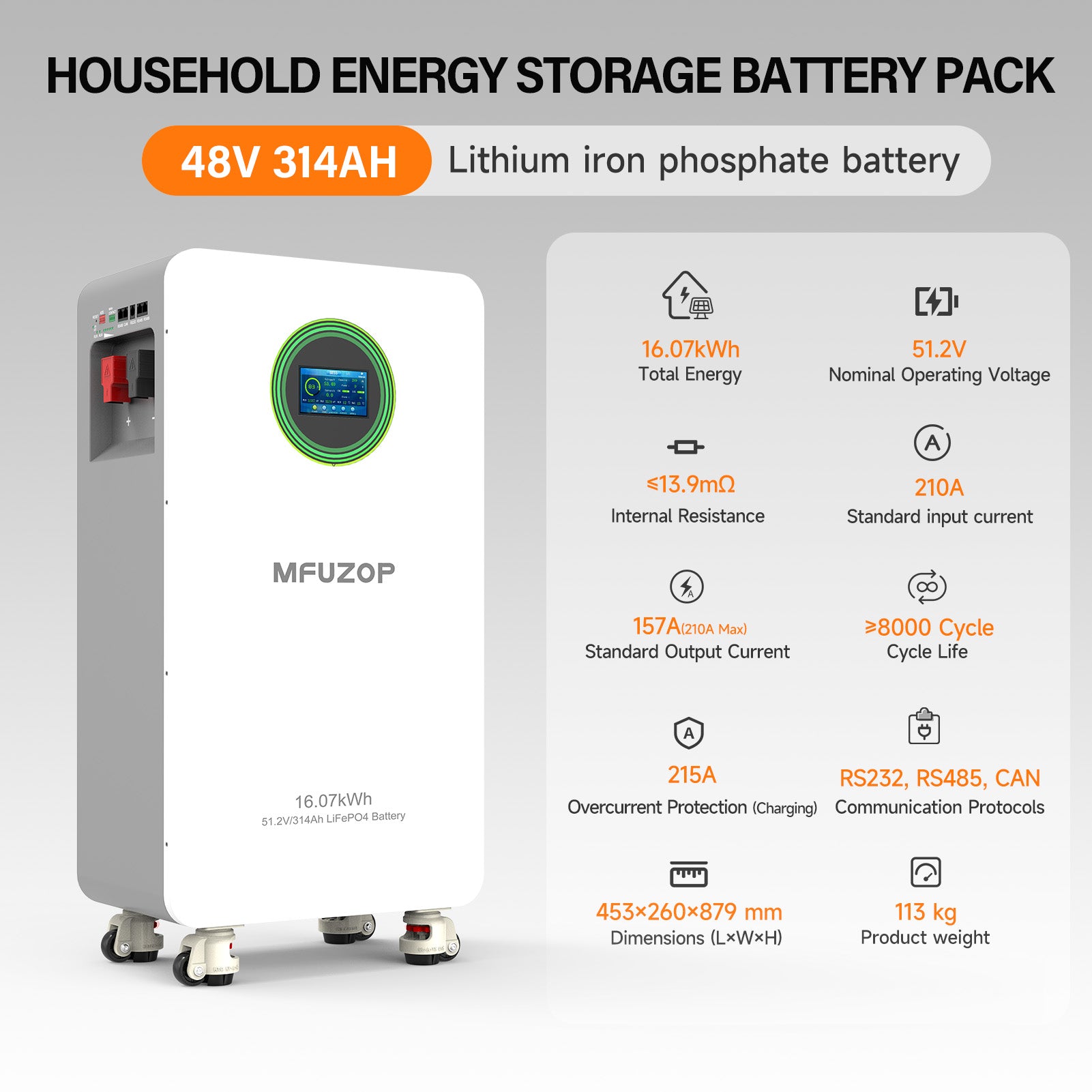 MFUZOP 48V 314Ah Lithium LiFePO4 Battery Power Supply, 200A BMS, for Solar Energy Storage Systems Secondary image