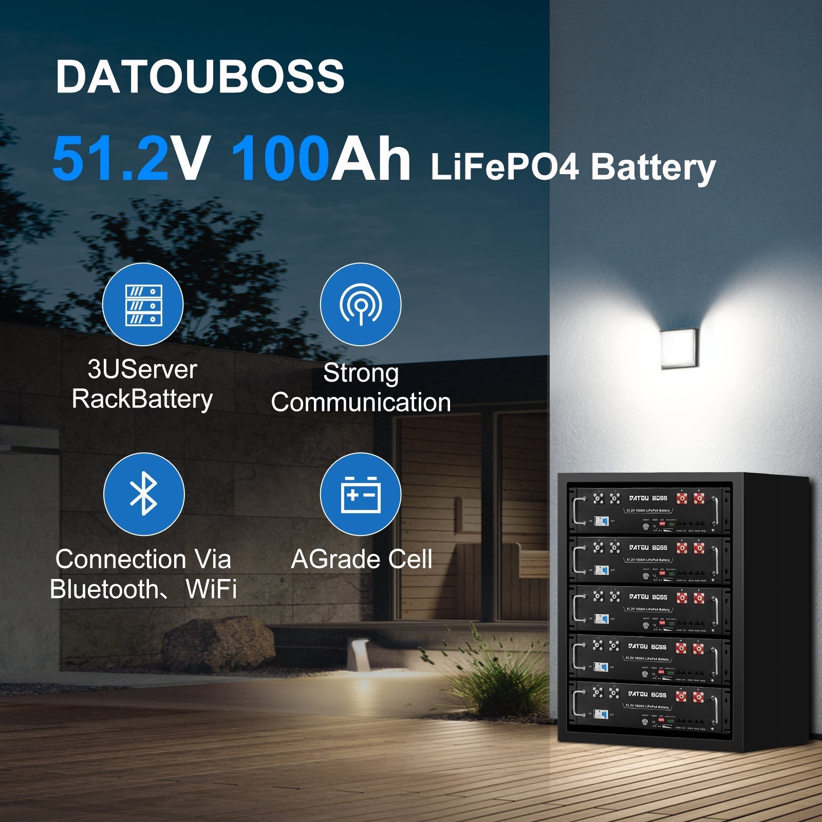 DATOUBOSS 51.2V 100Ah LiFePO4 battery with 200A BMS, designed for 6000+ deep cycle use. for solar system energy systems.