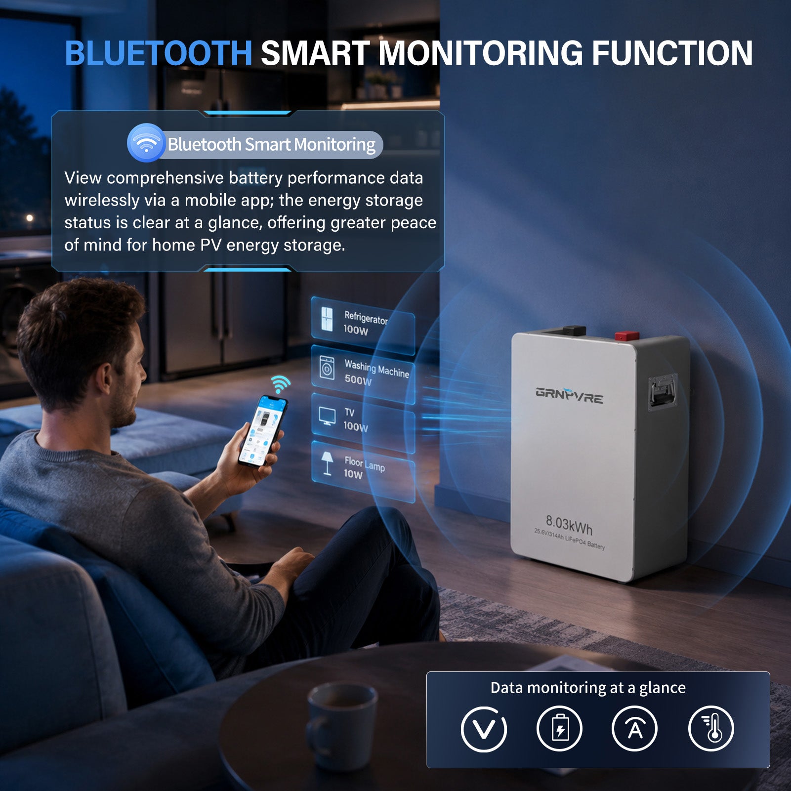 GRNPVRE 24V 314Ah LiFePO4 Solar Battery, 8kWh Energy Storage with 150A BMS & Mobile Bluetooth Control for Home & Off-Grid Systems(Comes with Bluetooth app)