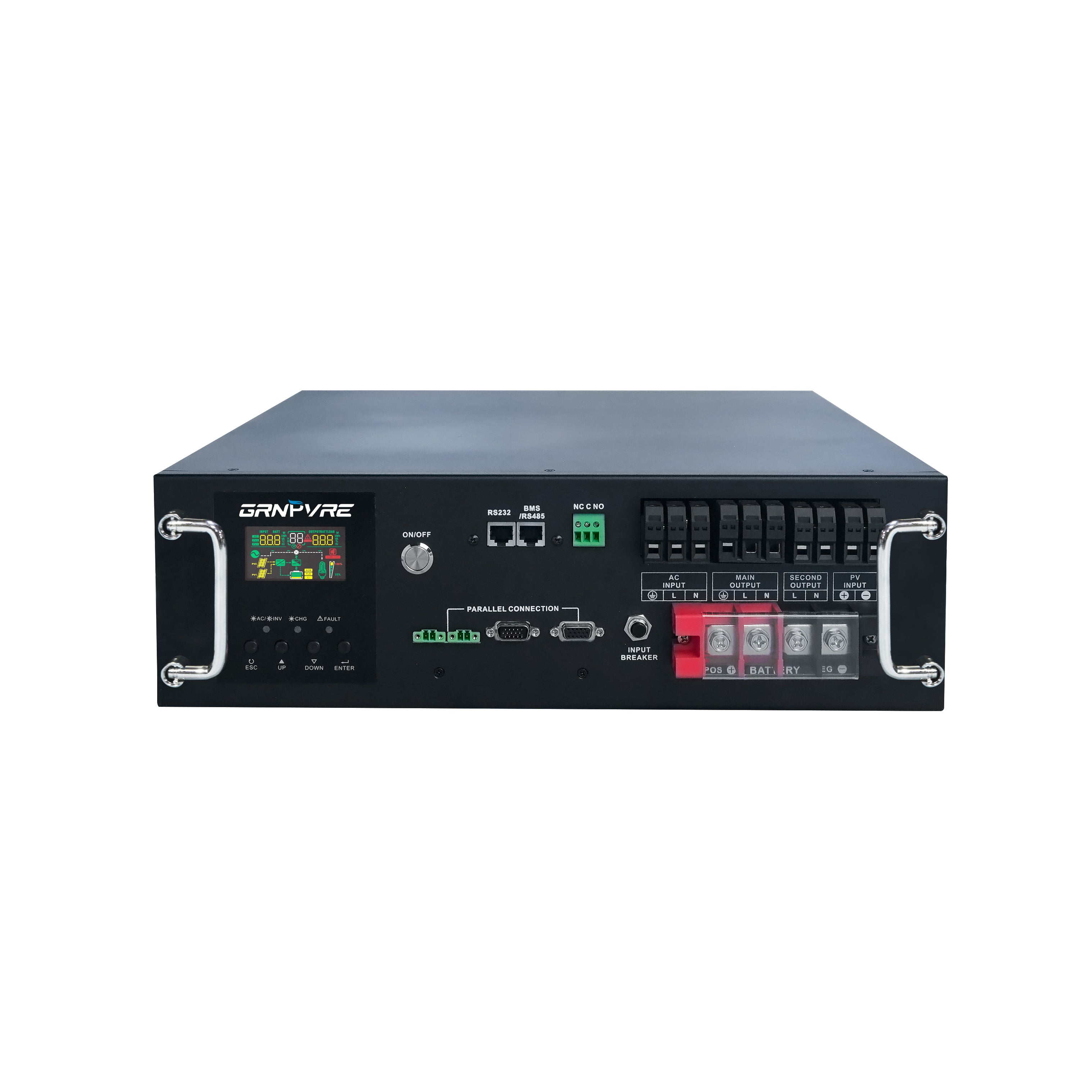 GRNPVRE 6200W 3U Rack Pure Sine Wave Solar Hybrid Inverter, 48VDC to 230VAC, 120A MPPT, 8500W PV Input, Built-in UPS Function, Battery-Free Operation, 27A PV Input, BMS Communication, Anti-Backflow Protection, Off-Grid & Grid-Connected Compatible