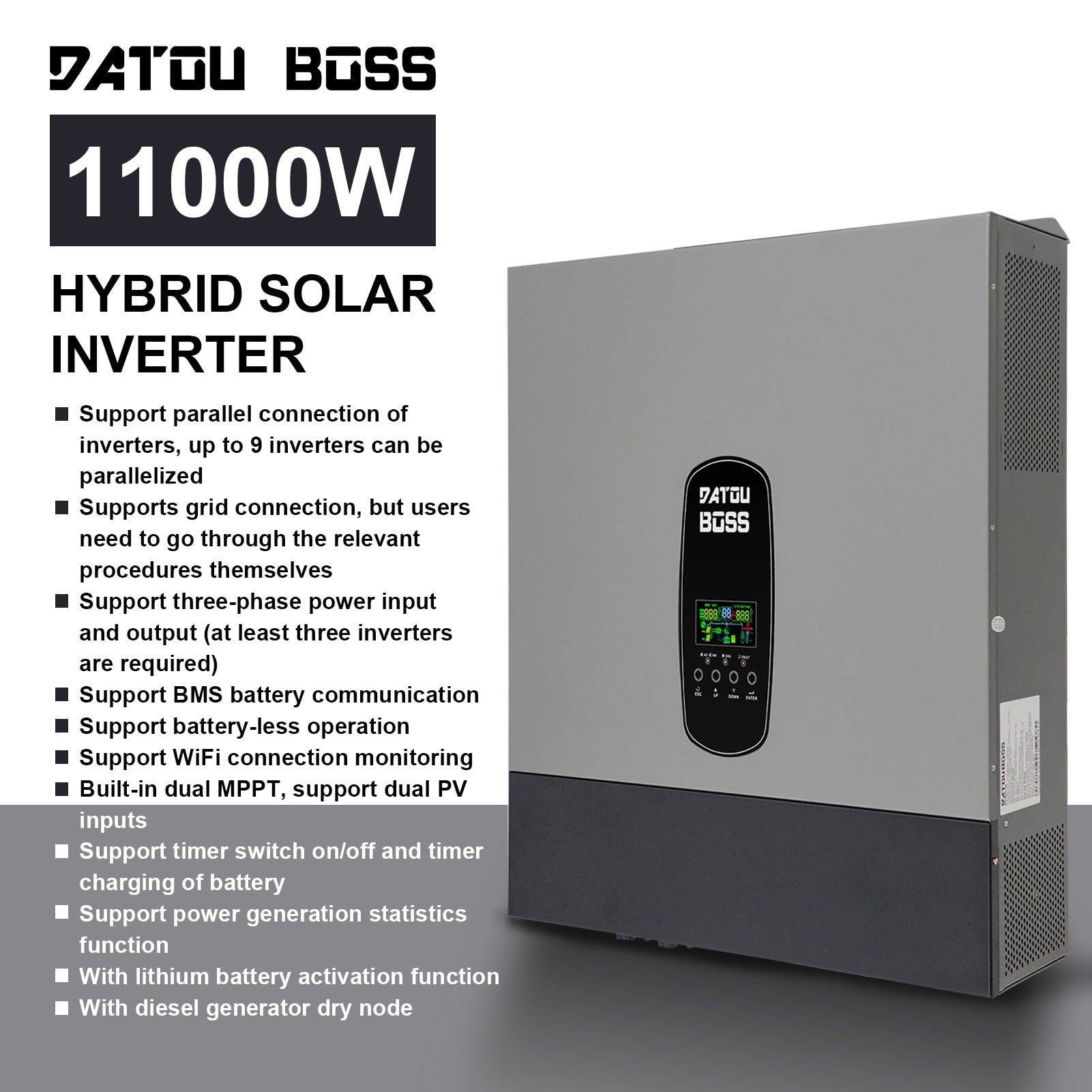 DATOUBOSS 11KW hybrid inverter, 48V to 220/230V, 150A MPPT, BMS protection, lightning protection. Multi-battery compatibility