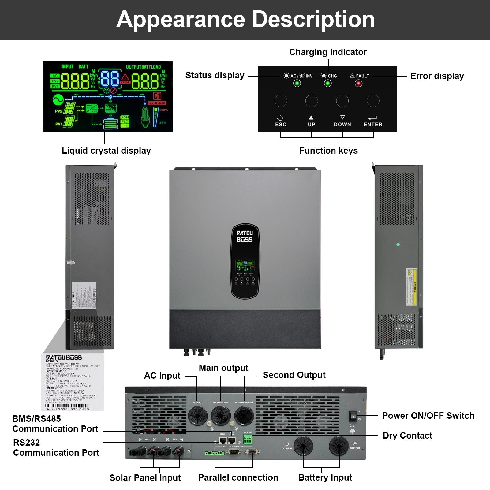 DATOUBOSS 11KW hybrid inverter, 48V to 220/230V, 150A MPPT, BMS protection, lightning protection. Multi-battery compatibility
