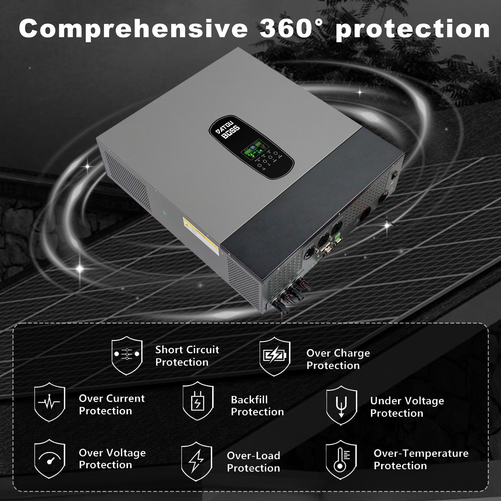 DATOUBOSS 11KW hybrid inverter, 48V to 220/230V, 150A MPPT, BMS protection, lightning protection. Multi-battery compatibility