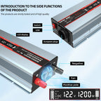 DATOUBOSS 1200W Pure Sine Wave Inverter, 12V to 230V, Peak Power 2500W, for Car Caravan Truck off-grid system etc