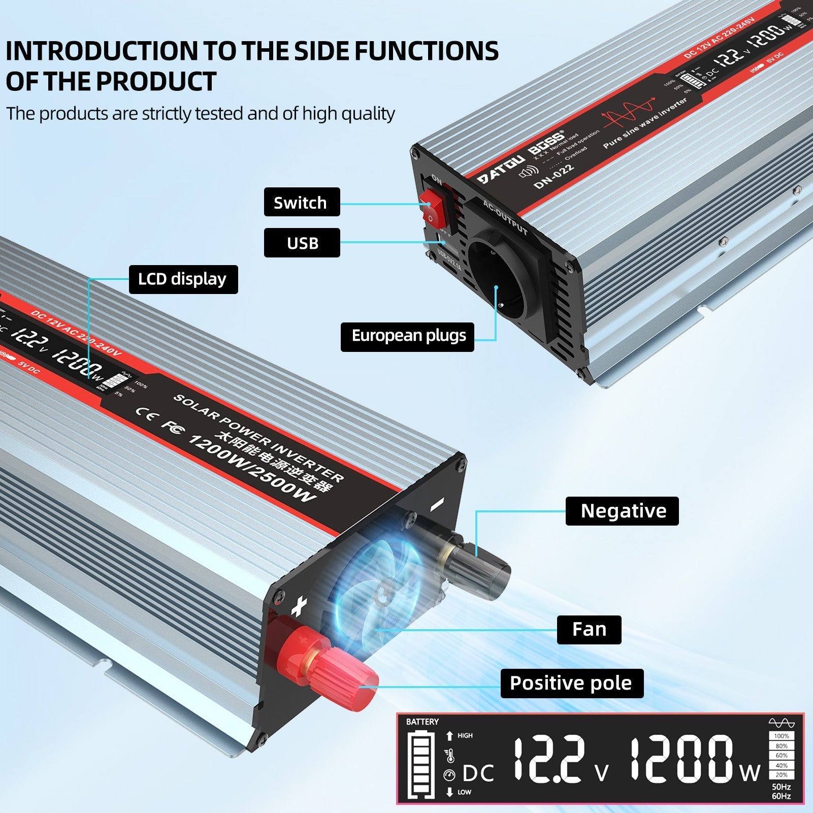 DATOUBOSS 1200W Pure Sine Wave Inverter, 12V to 230V, Peak Power 2500W, for Car Caravan Truck off-grid system etc