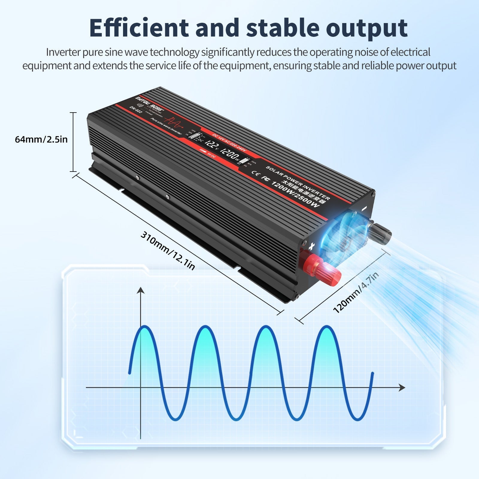 DATOUBOSS 1200W Pure Sine Wave Inverter with 2500W peak power. Mul-outputs and LED display for Houses, Car, Truck etc