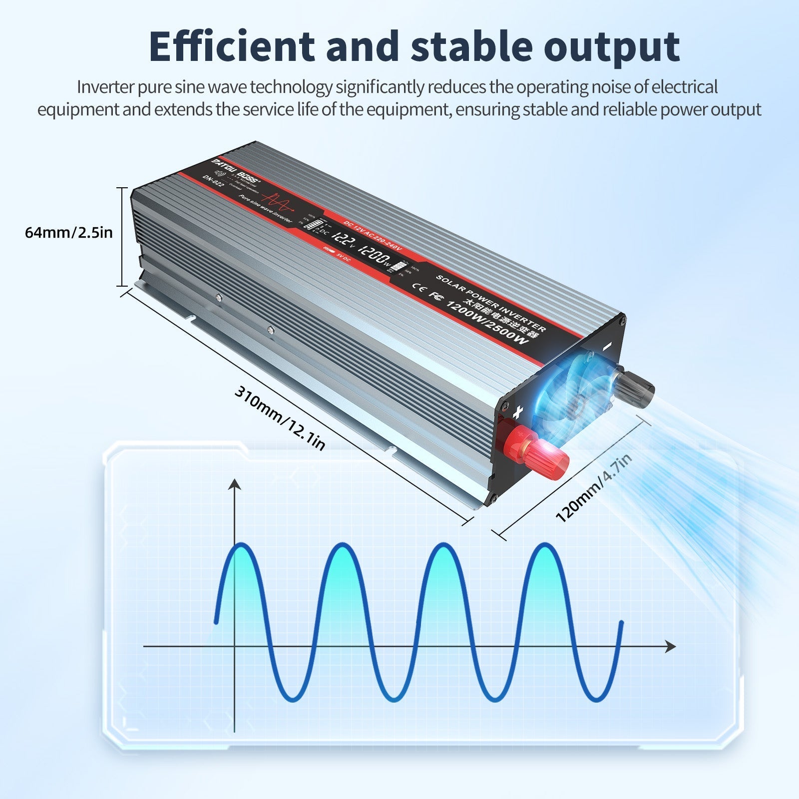 DATOUBOSS 1200W Pure Sine Wave Inverter, 12V to 230V, Peak Power 2500W, for Car Caravan Truck off-grid system etc