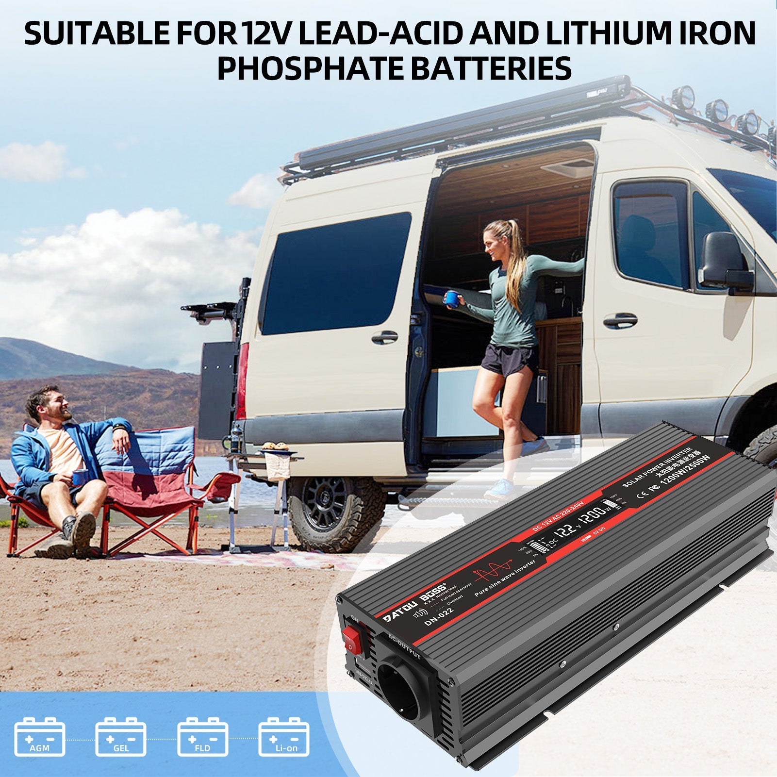 DATOUBOSS 1200W Pure Sine Wave Inverter with 2500W peak power. Mul-outputs and LED display for Houses, Car, Truck etc