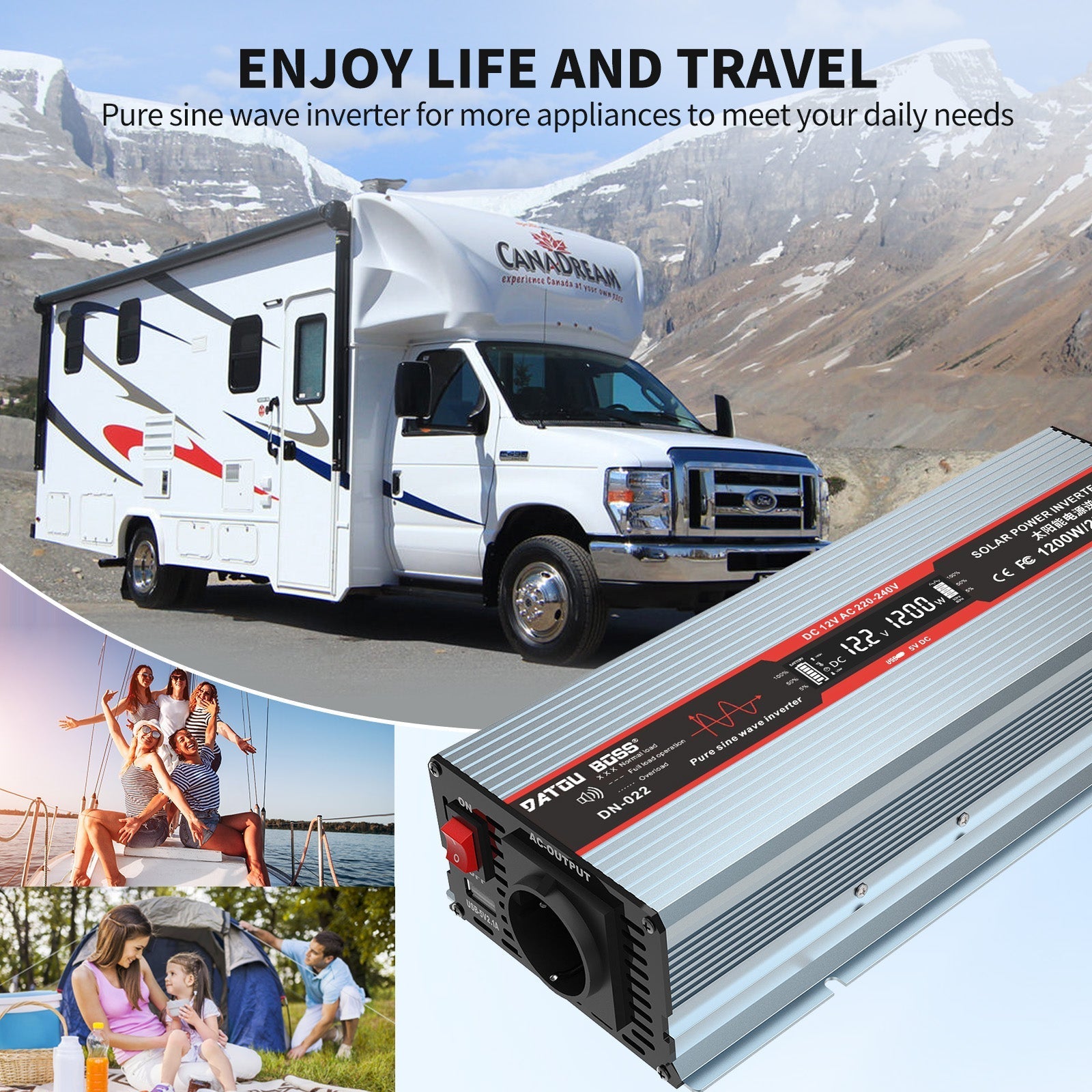 DATOUBOSS 1200W Pure Sine Wave Inverter, 12V to 230V, Peak Power 2500W, for Car Caravan Truck off-grid system etc