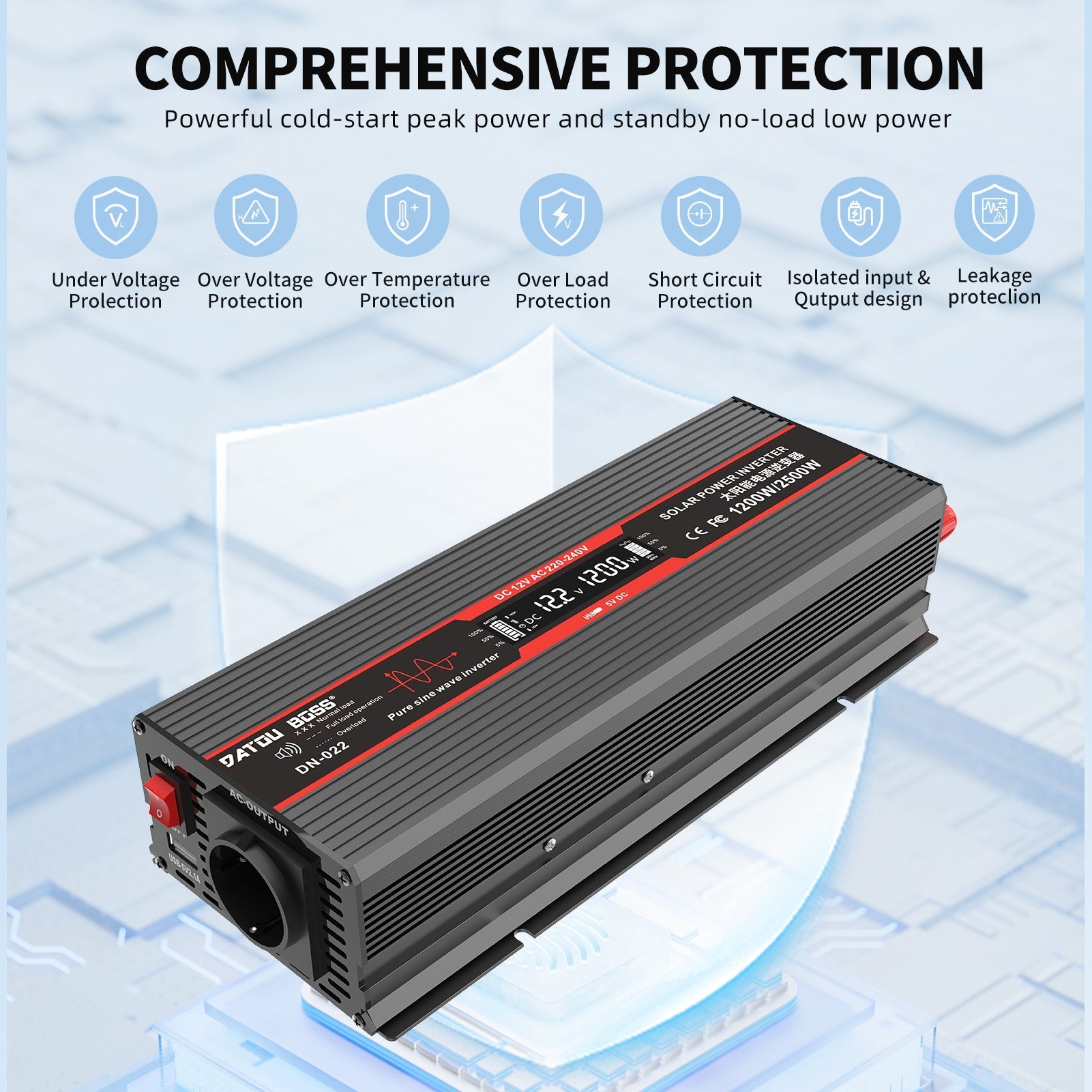DATOUBOSS 1200W Pure Sine Wave Inverter, 12V to 230V, Peak Power 2500W for Houses, Car,, Truck Etc Secondary image