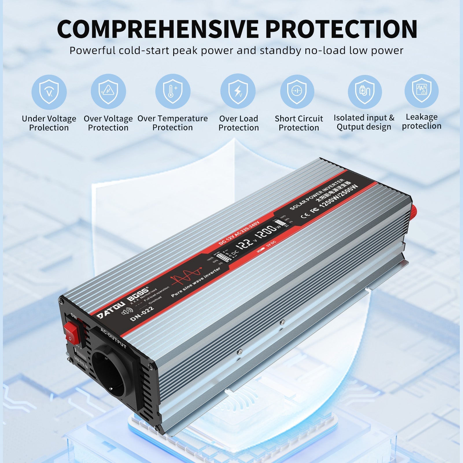DATOUBOSS 1200W Pure Sine Wave Inverter, 12V to 230V, Peak Power 2500W, for Car Caravan Truck off-grid system etc