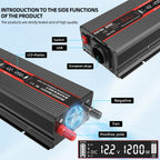 DATOUBOSS 1200W Pure Sine Wave Inverter with 2500W peak power. Mul-outputs and LED display for Houses, Car, Truck etc