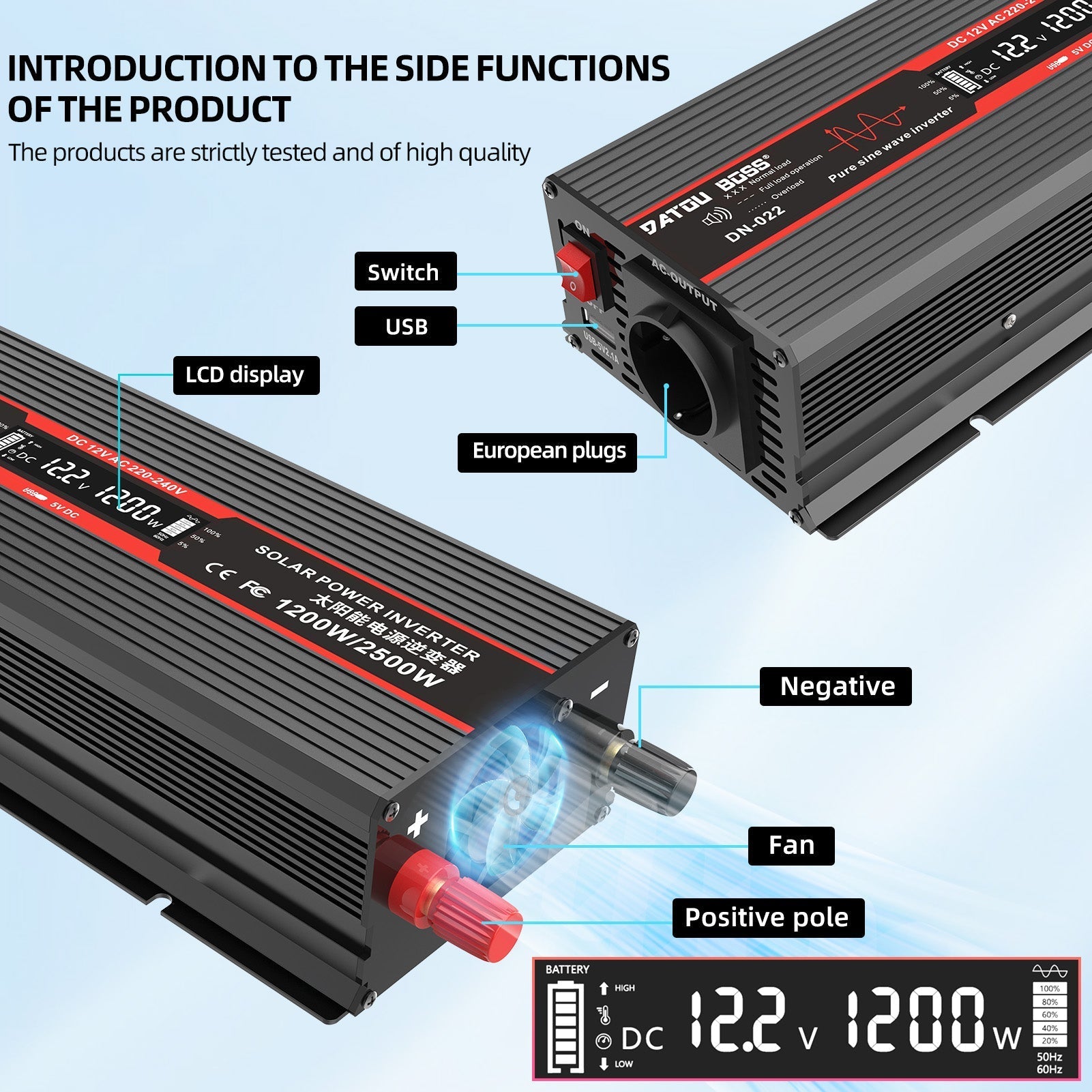 DATOUBOSS 1200W Pure Sine Wave Inverter with 2500W peak power. Mul-outputs and LED display for Houses, Car, Truck etc