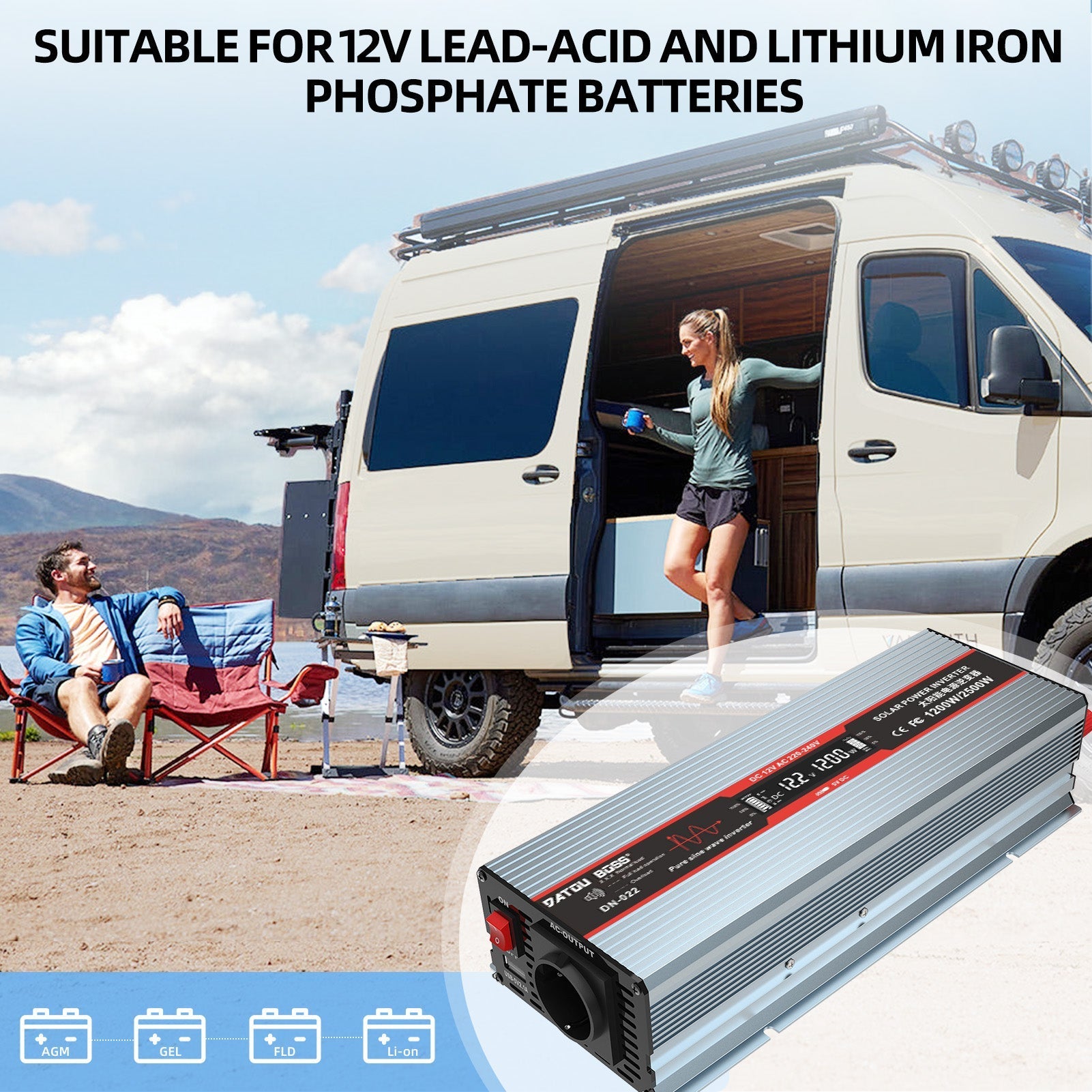 DATOUBOSS 1200W Pure Sine Wave Inverter, 12V to 230V, Peak Power 2500W, for Car Caravan Truck off-grid system etc