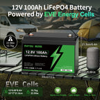 DATOUBOSS 12V 100Ah LiFePO4 Lithium Battery, EVE battery cells with 100A BMS, 6000+Deep Cycle，for RV Car home solar system