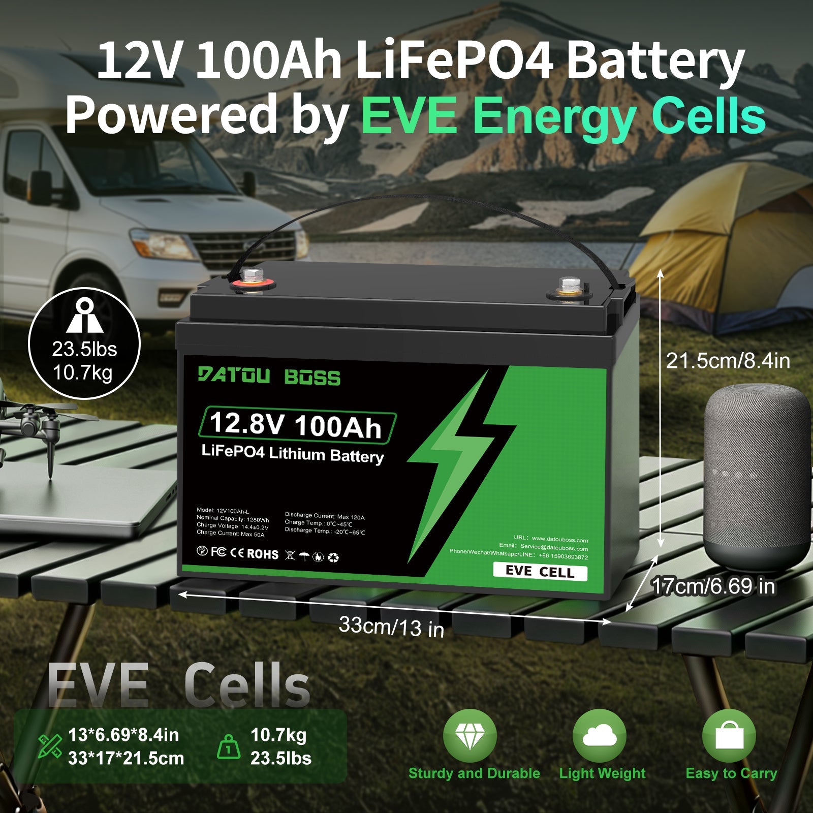 DATOUBOSS 12V 100Ah LiFePO4 Lithium Battery, EVE battery cells with 100A BMS, 6000+Deep Cycle，for RV Car home solar system