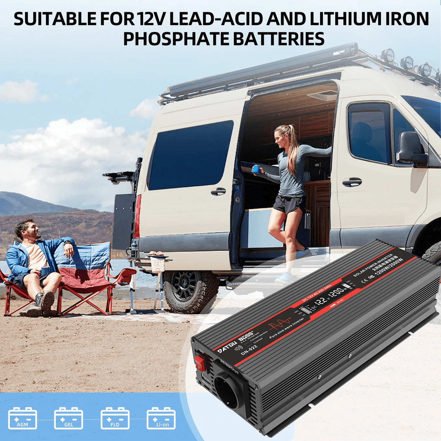 DATOUBOSS 12V 100Ah LiFePO4 Battery with 100A BMS and 1200W Pure Sine Wave Inverter 12V to 230V, 2500W Peak Power, USB, LED Display, EU Socket for RV, Home Backup and Outdoor Camping - Xdatou | Rechargeable Lifepo4 Batteries Voltage Converters Inverter