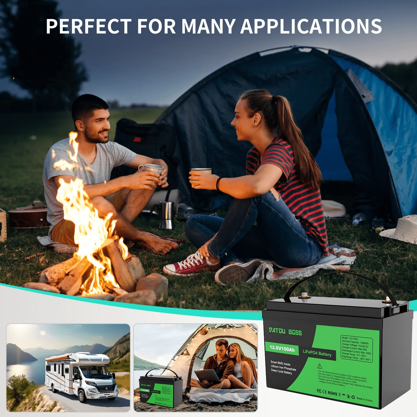 DATOUBOSS 12V 100Ah LiFePO4 Battery with 100A BMS and 1200W Pure Sine Wave Inverter 12V to 230V, 2500W Peak Power, USB, LED Display, EU Socket for RV, Home Backup and Outdoor Camping - Xdatou | Rechargeable Lifepo4 Batteries Voltage Converters Inverter