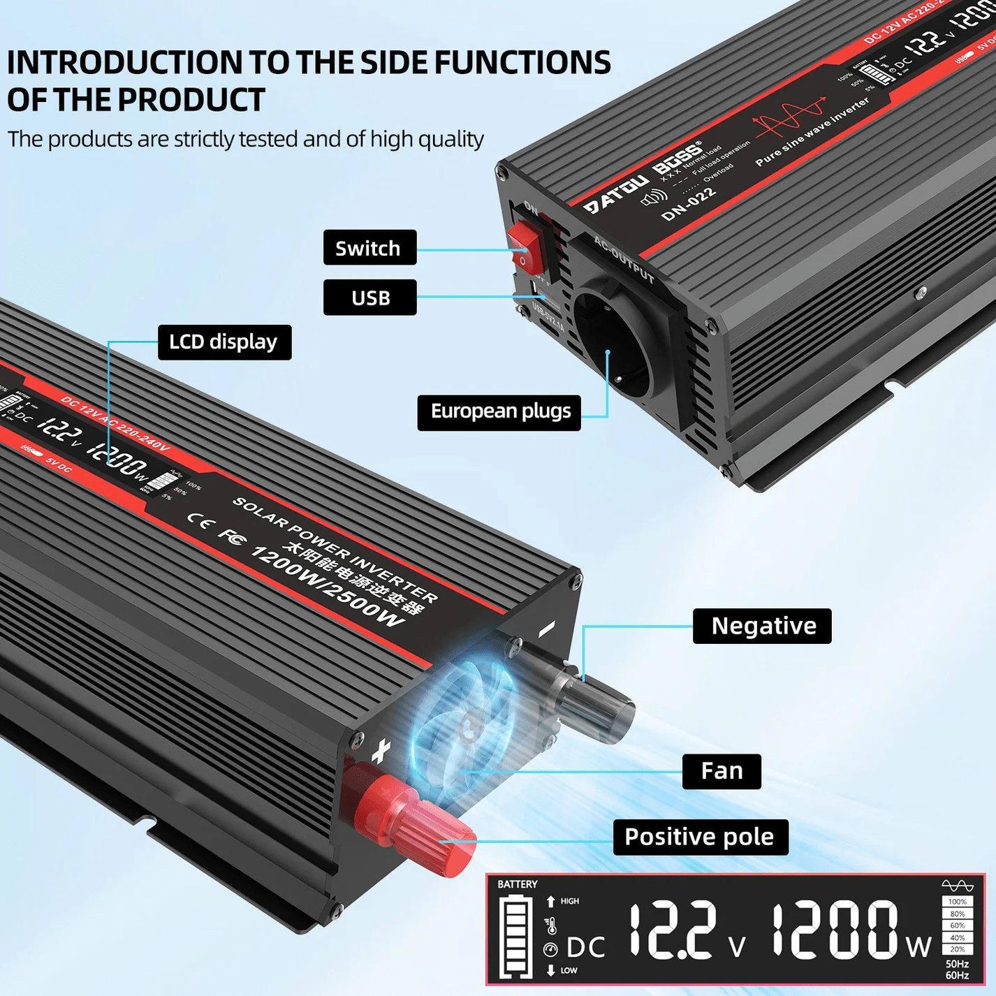 DATOUBOSS 12V 100Ah LiFePO4 Battery with 100A BMS and 1200W Pure Sine Wave Inverter 12V to 230V, 2500W Peak Power, USB, LED Display, EU Socket for RV, Home Backup and Outdoor Camping - Xdatou | Rechargeable Lifepo4 Batteries Voltage Converters Inverter
