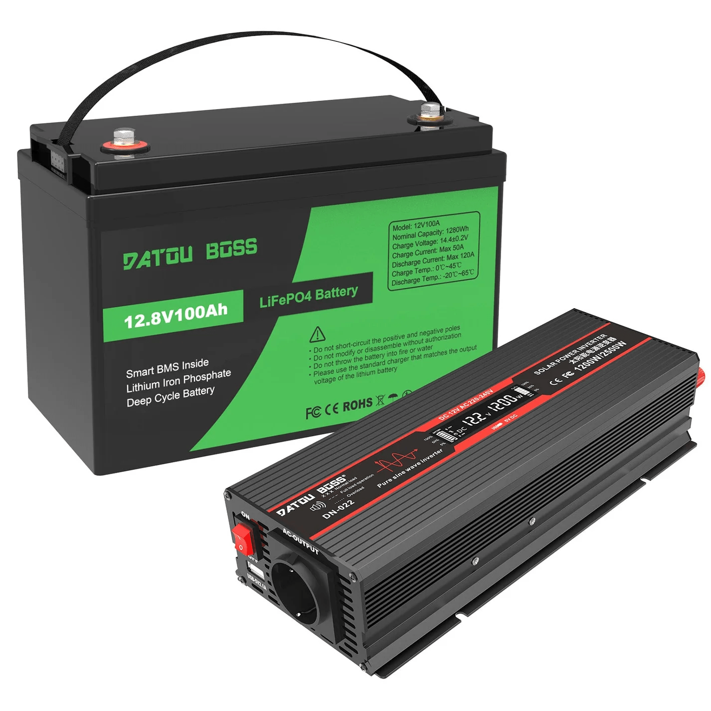 DATOUBOSS 12V 100Ah LiFePO4 Battery with 100A BMS and 1200W Pure Sine Wave Inverter 12V to 230V, 2500W Peak Power, USB, LED Display, EU Socket for RV, Home Backup and Outdoor Camping - Xdatou | Rechargeable Lifepo4 Batteries Voltage Converters Inverter Main image