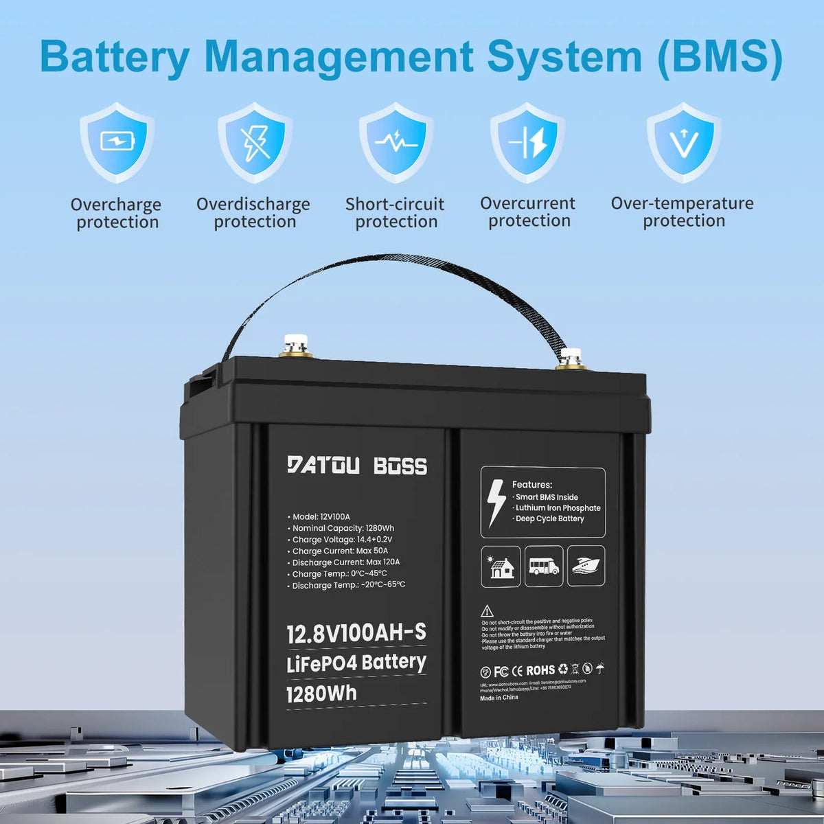 DATOUBOSS 12V 100Ah LiFePO4 Battery with 100A BMS Deep Cycle Battery for RV Solar Home System - Xdatou