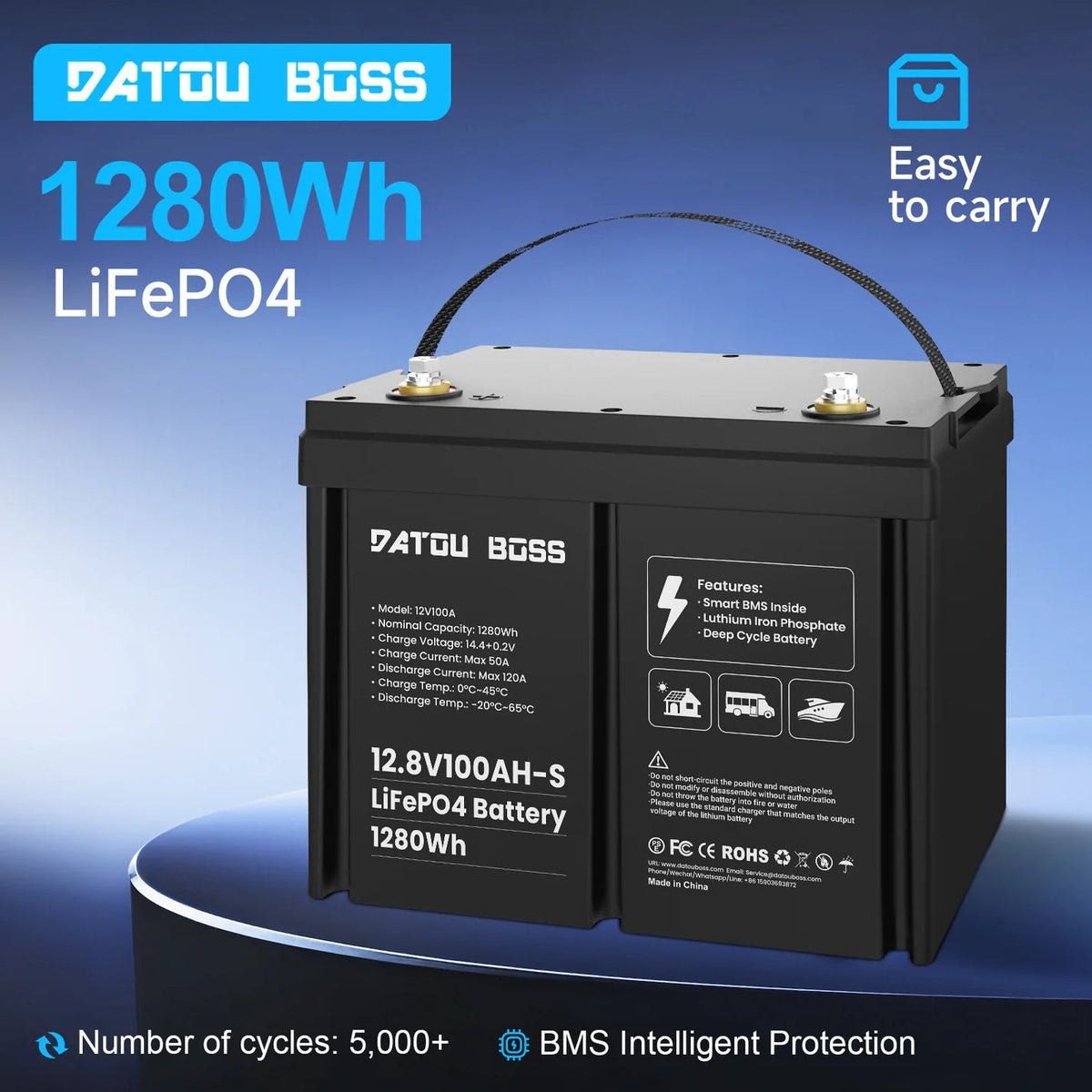 DATOUBOSS 12V 100Ah LiFePO4 Battery with 100A BMS Deep Cycle Battery for RV Solar Home System - Xdatou