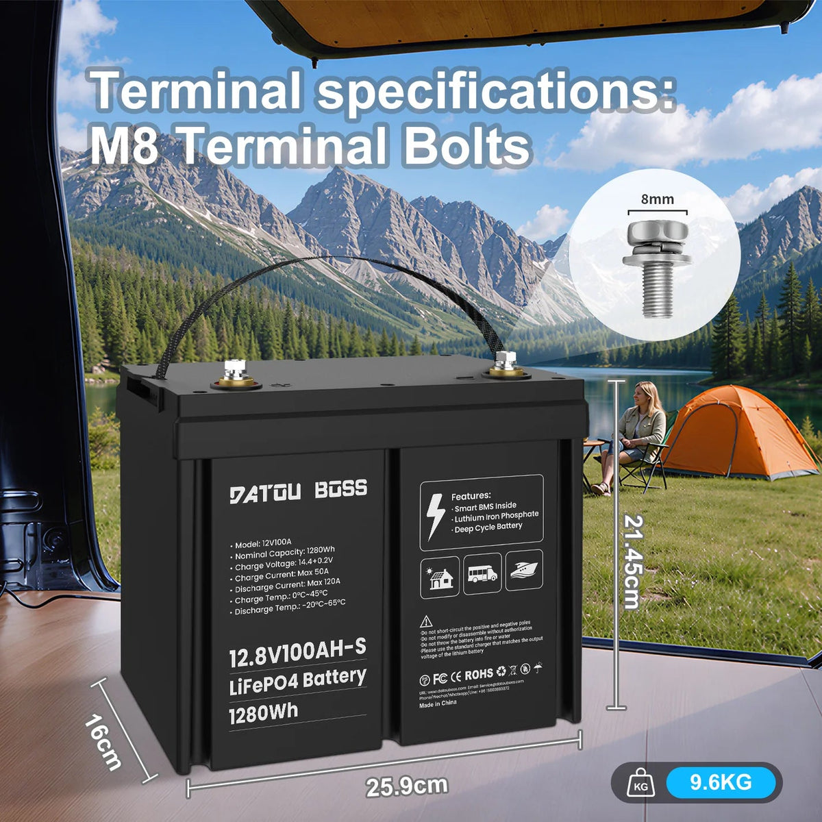 DATOUBOSS 12V 100Ah LiFePO4 Battery with 100A BMS Deep Cycle Battery for RV Solar Home System - Xdatou