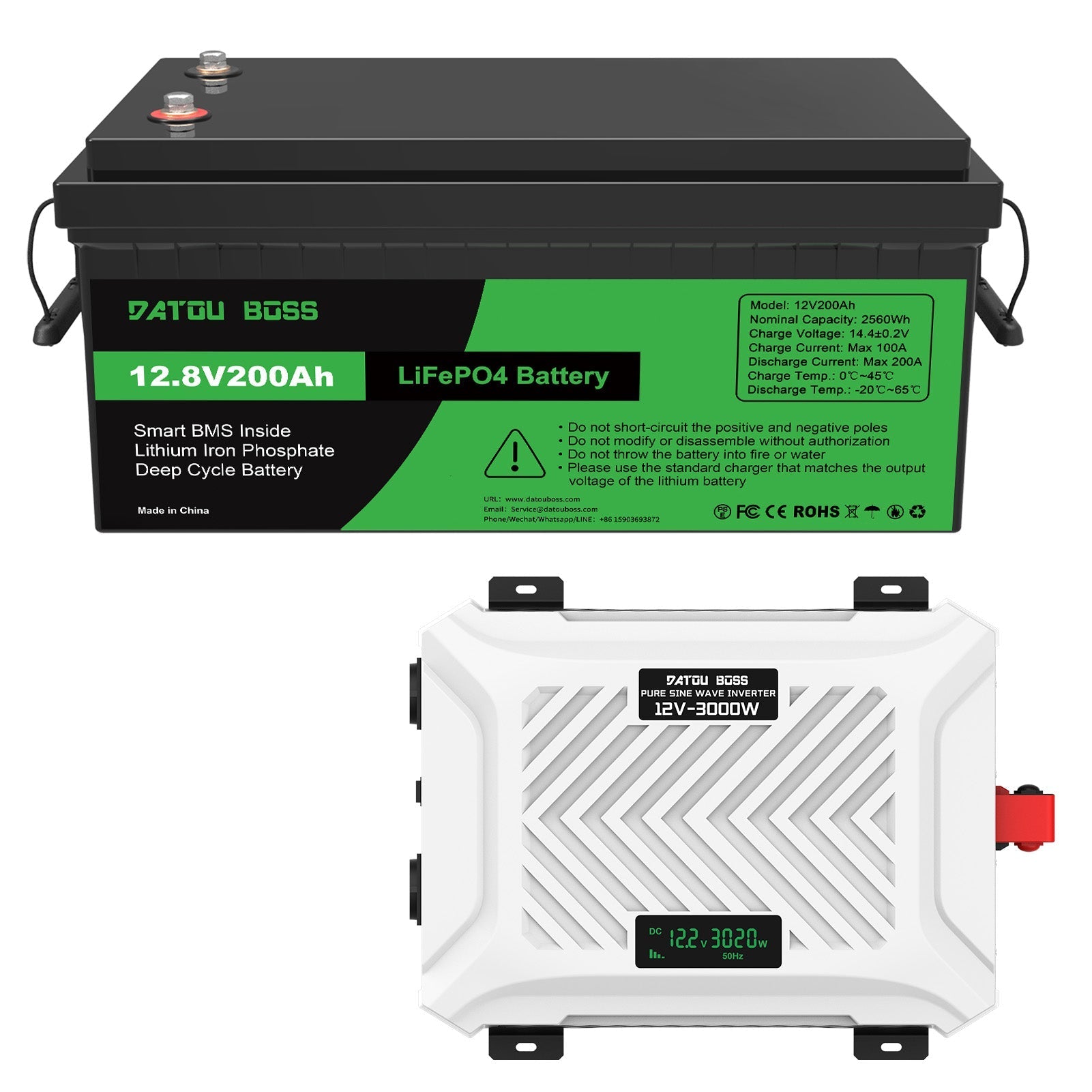DATOUBOSS Power Duo: 3000W Pure Sine Wave Inverter 12V to 230V & 12V 200Ah LiFePO4 Battery. for RV, solar, off-grid systems.