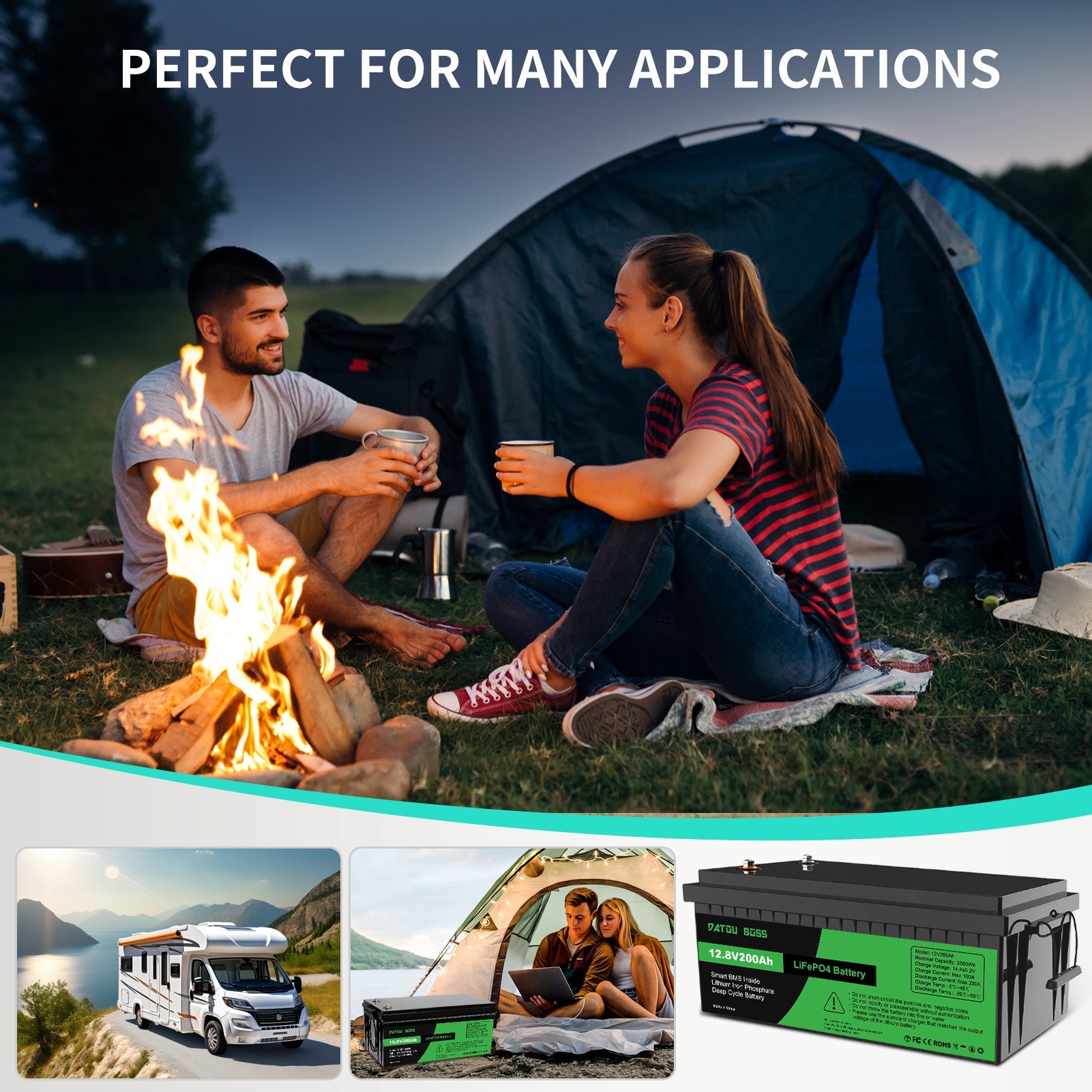DATOUBOSS Power Duo: 3000W Pure Sine Wave Inverter 12V to 230V & 12V 200Ah LiFePO4 Battery. for RV, solar, off-grid systems.