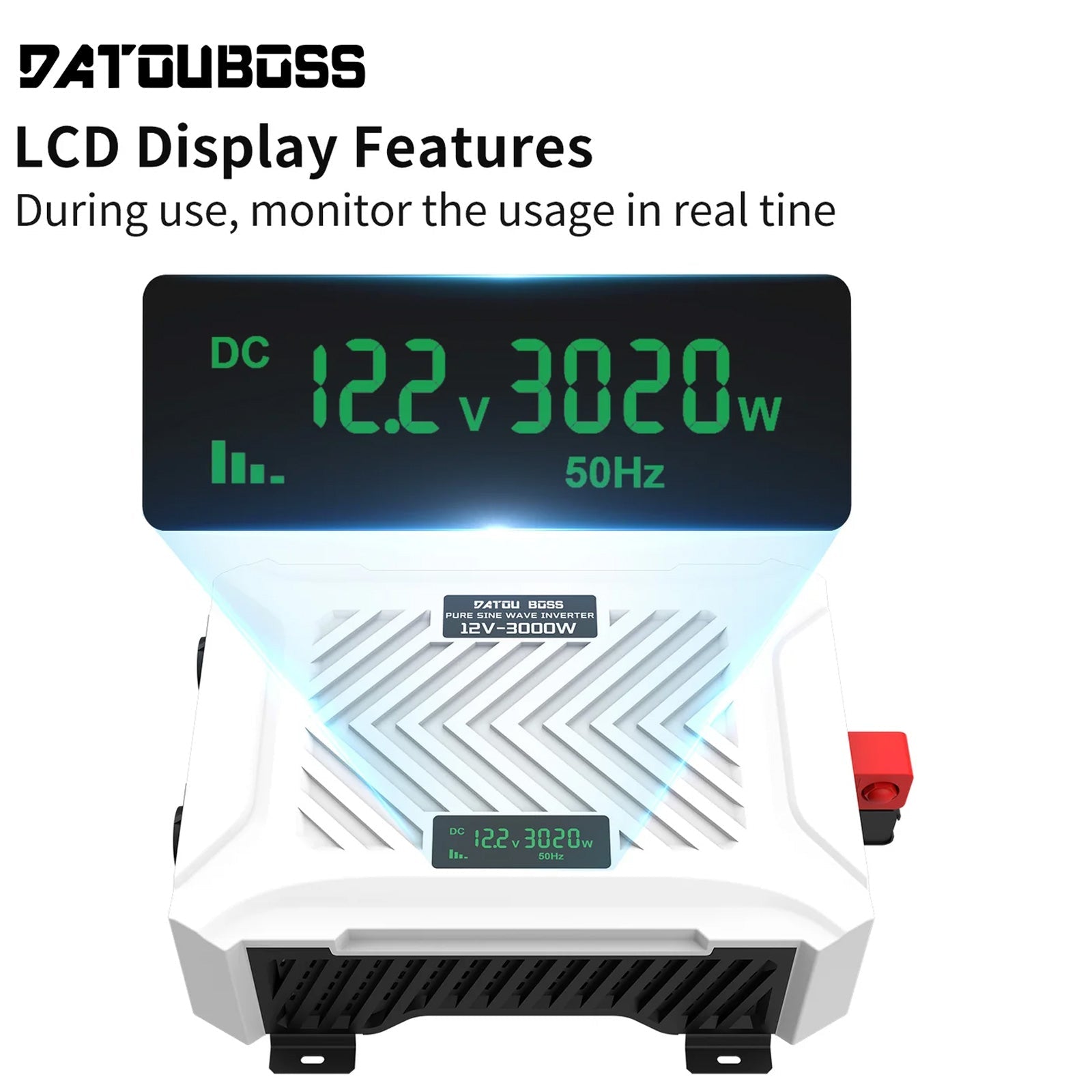 DATOUBOSS 12V 300Ah LiFePO4 Battery with 200A BMS Deep Cycle + 3000W Pure Sine Wave Inverter with 6000W Peak Power, Intelligent Detection & LCD Display, 2 EU Sockets for Off - Grid Living, RV Adventures, Solar Systems, and Emergency Power Solutions - Xdatou | Rechargeable Lifepo4 Batteries Voltage Converters Inverter