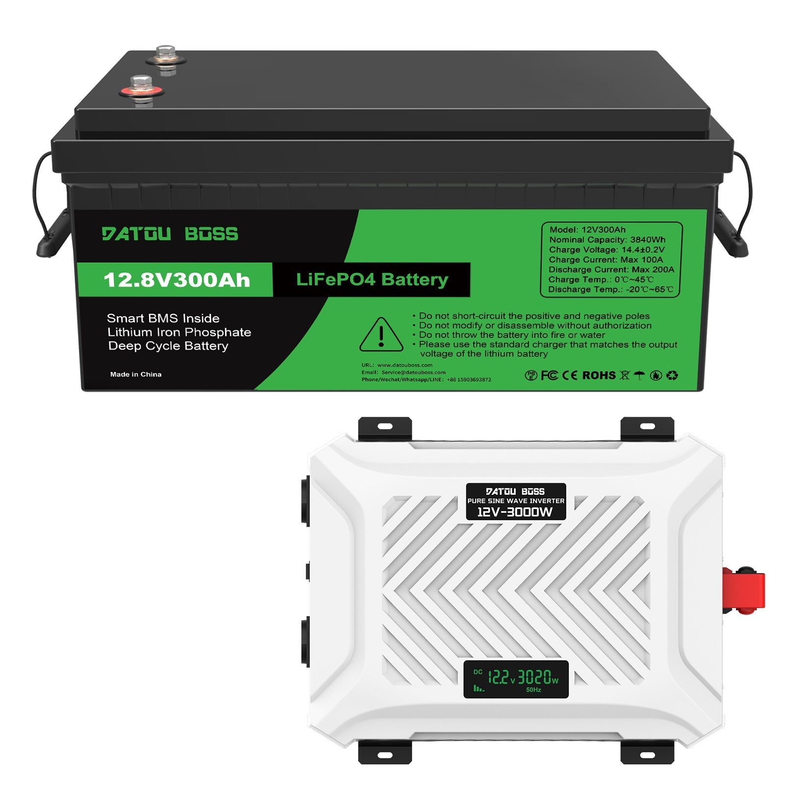 DATOUBOSS 12V 300Ah LiFePO4 Battery with 200A BMS Deep Cycle + 3000W Pure Sine Wave Inverter with 6000W Peak Power, Intelligent Detection & LCD Display, 2 EU Sockets for Off - Grid Living, RV Adventures, Solar Systems, and Emergency Power Solutions - Xdatou | Rechargeable Lifepo4 Batteries Voltage Converters Inverter Main image