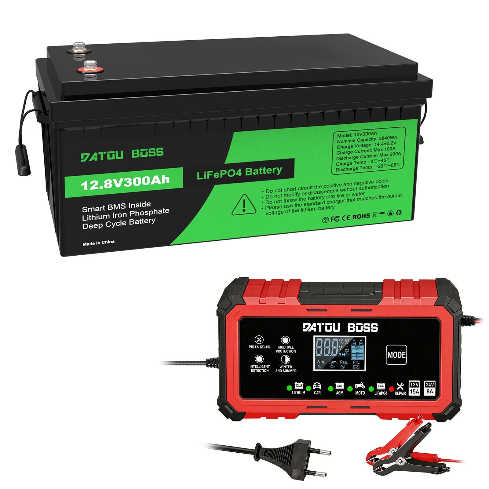 DATOUBOSS 12V 300Ah LiFePO4 Battery with 12V15A Charger, 200A BMS 6000+ Deep Cycle,activation function, for RV DIY Car Main image