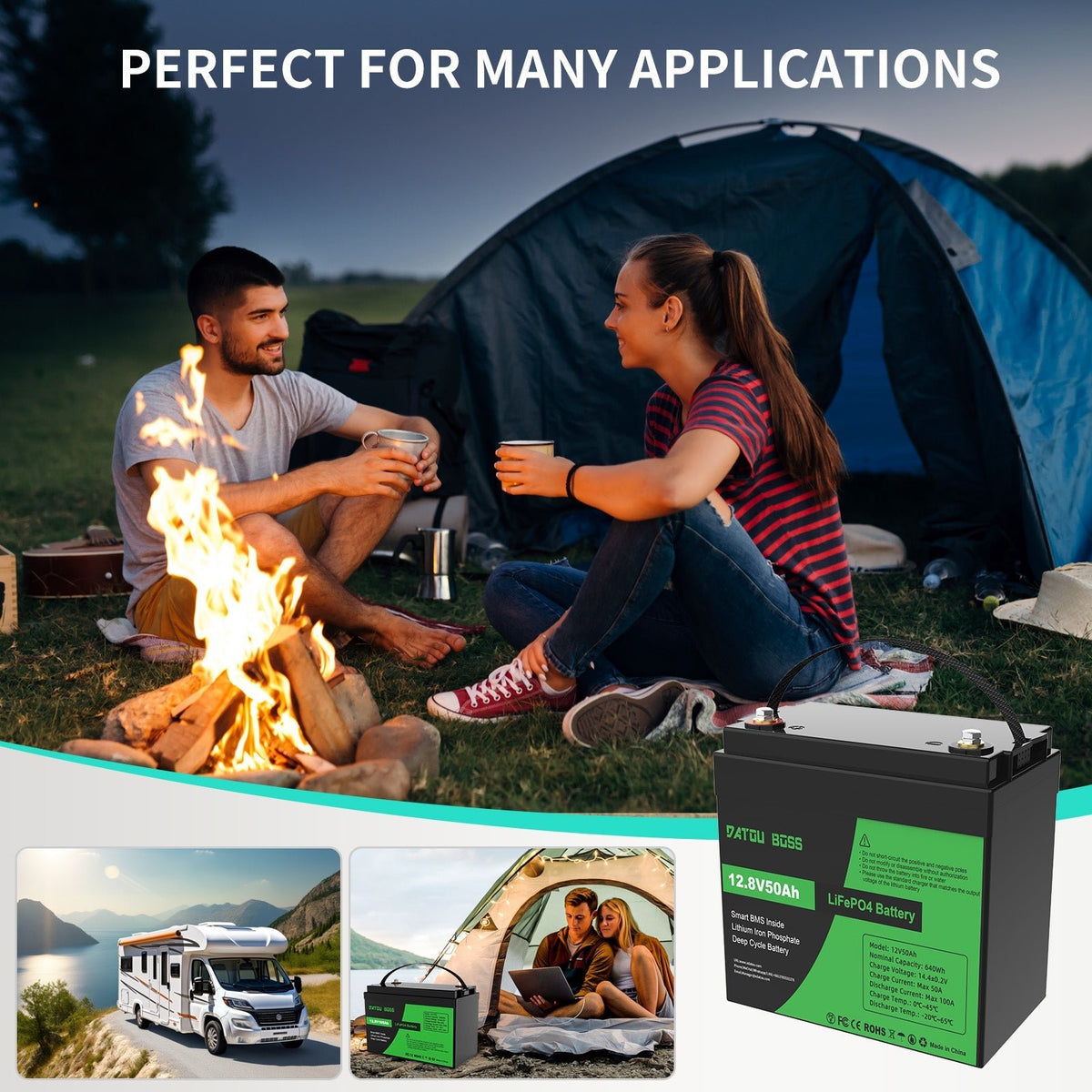 DATOUBOSS 12V 50Ah LiFePO4 Lithium Battery 50A BMS. use in RVs, solar, and home  energy storage solution.