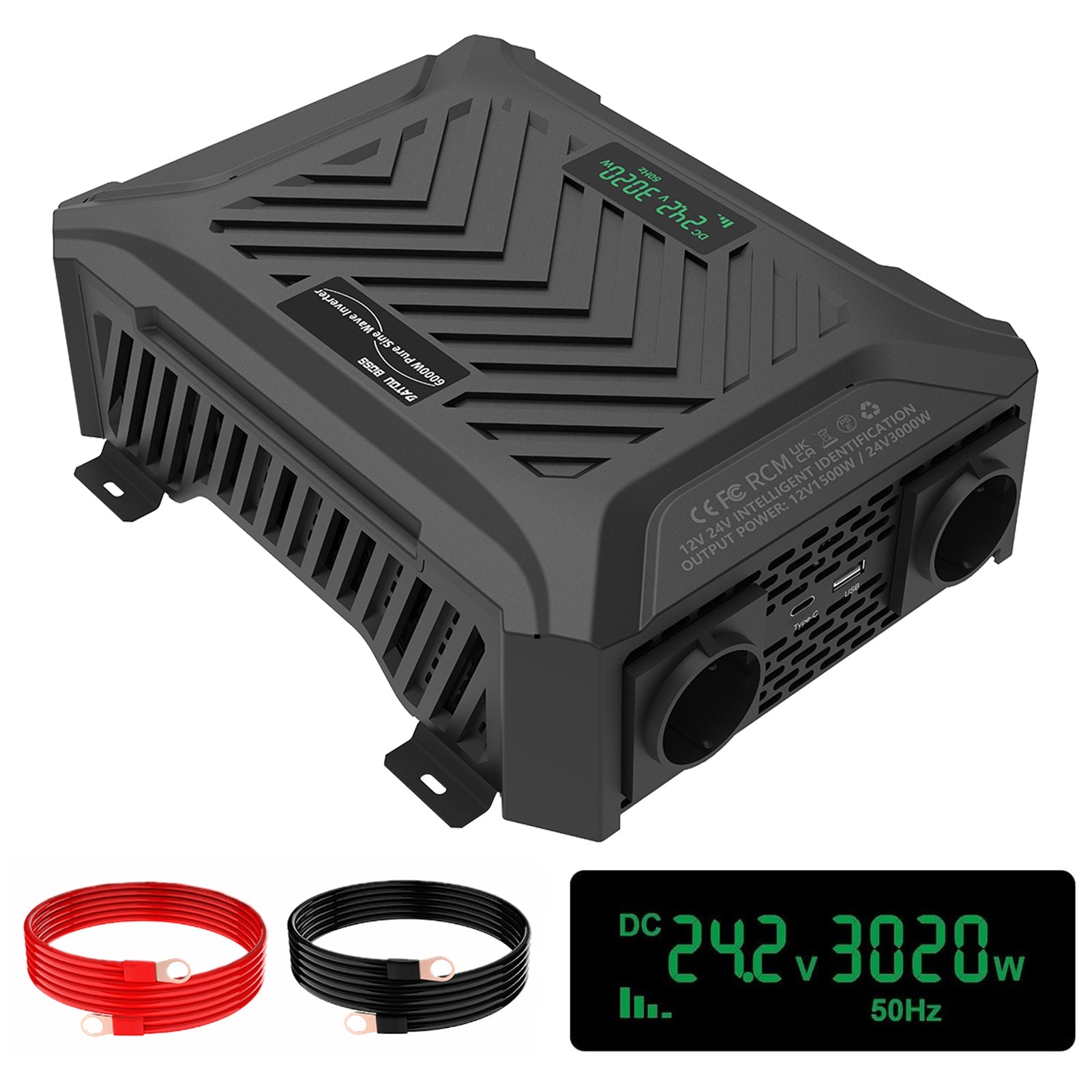 DATOUBOSS Smart Dual Voltage Pure Sine Wave Inverter 2000/4000W, 12V/24V to 230V, for RV car home off-grid. Main image