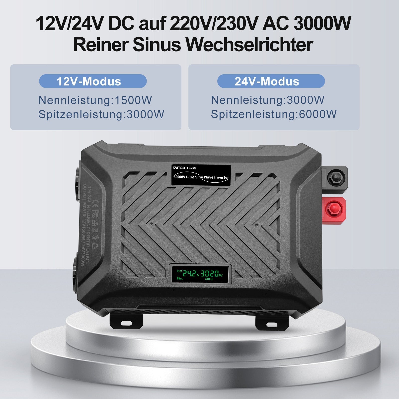 DATOUBOSS Intelligent Dual Voltage Pure Sine Wave Inverter 2000/4000W, 12V/24V to 230V, for RV car home off-grid.