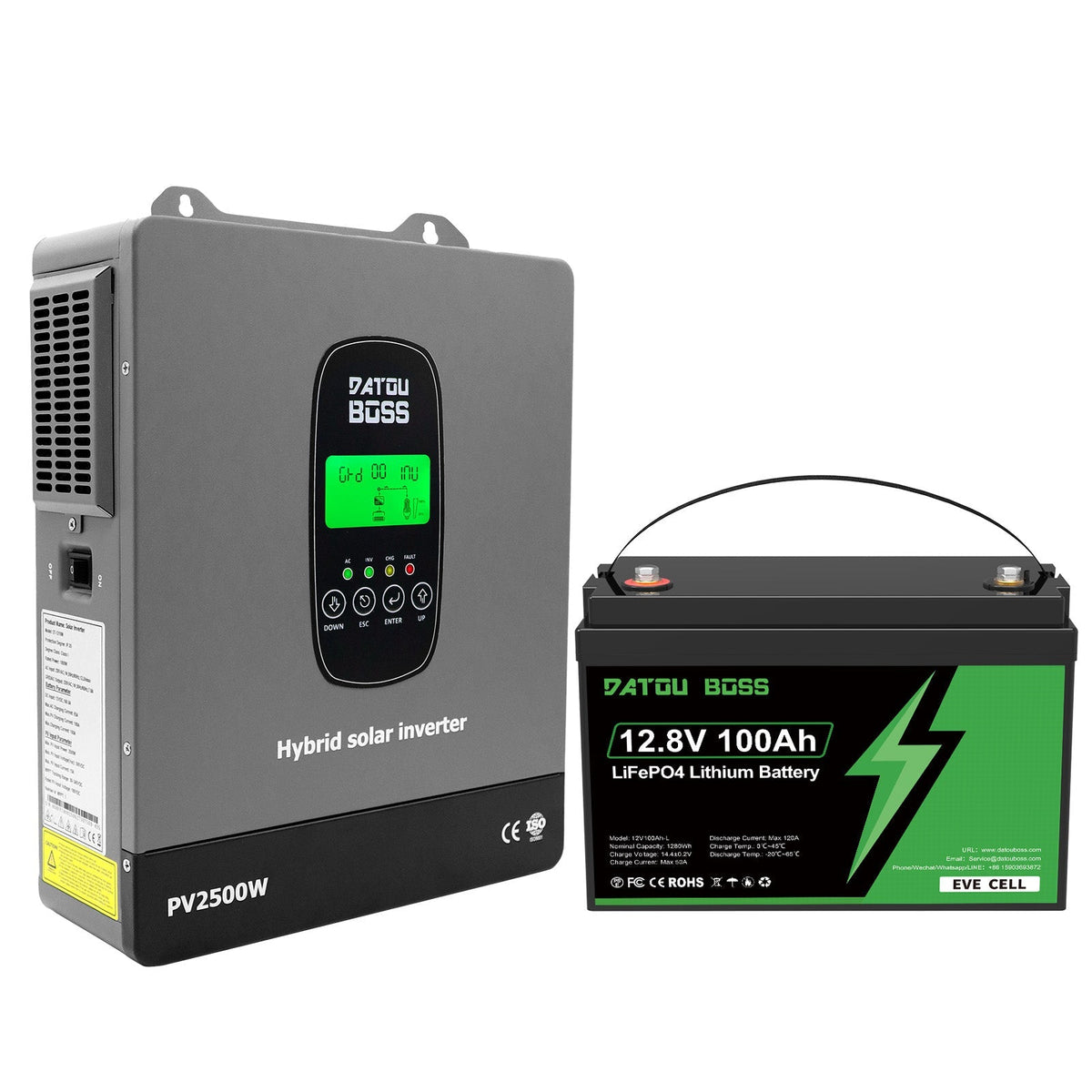 DATOUBOSS 1800W Hybrid Inverter and 12V 100Ah LiFePO4 battery (EVE Cells). for RV, home backup, off-grid use.