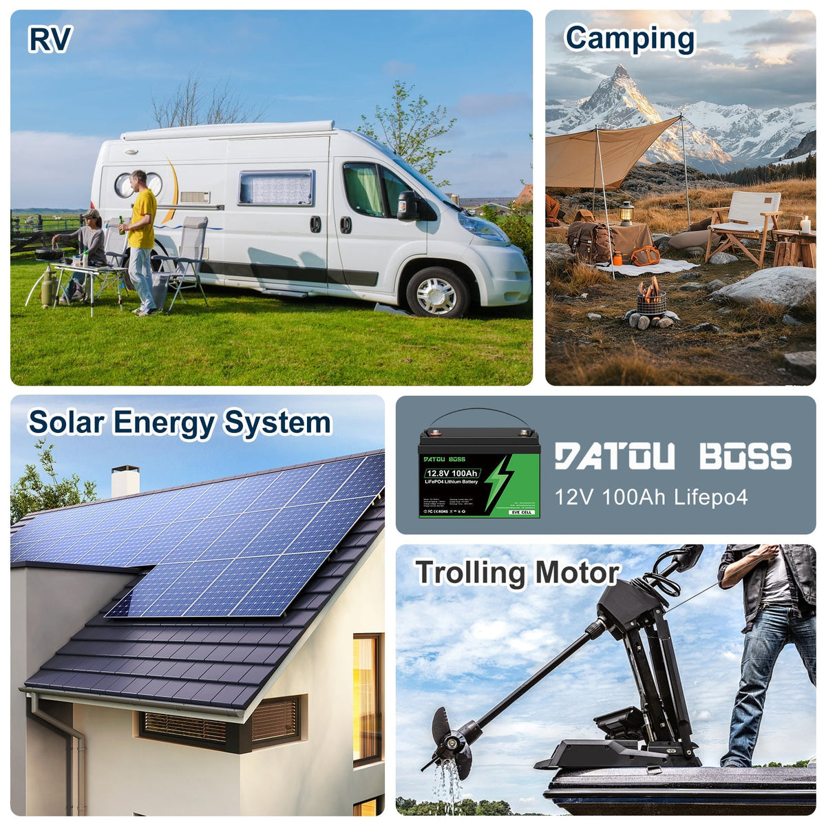 DATOUBOSS 1800W Hybrid Inverter and 12V 100Ah LiFePO4 battery (EVE Cells). for RV, home backup, off-grid use.