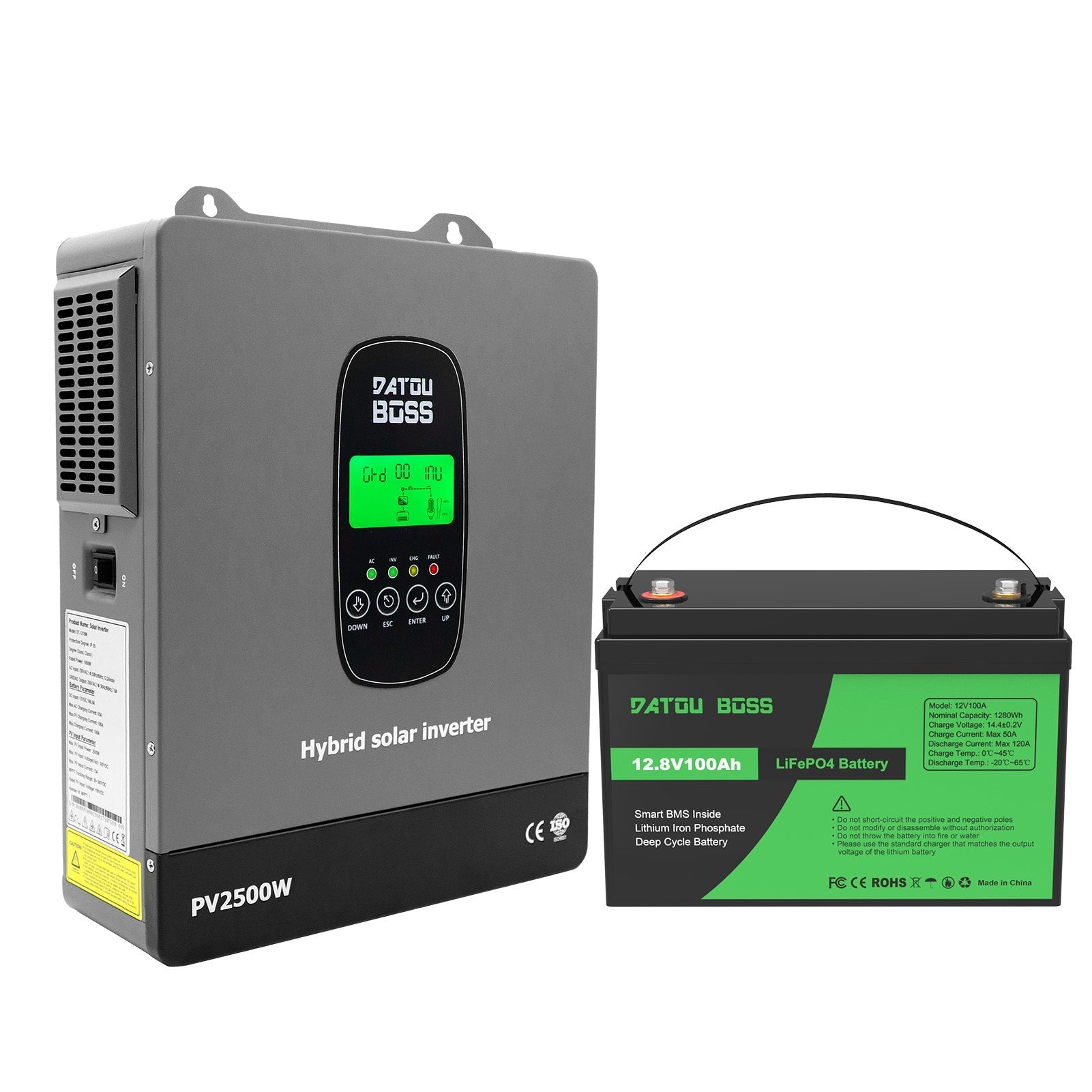 DATOUBOSS 12VDC–230VAC Hybrid Inverter 1800W & 12V 100Ah LiFePO4 Battery Combo Kit, Pure sine wave, 6000+ cycles for Off-Grid