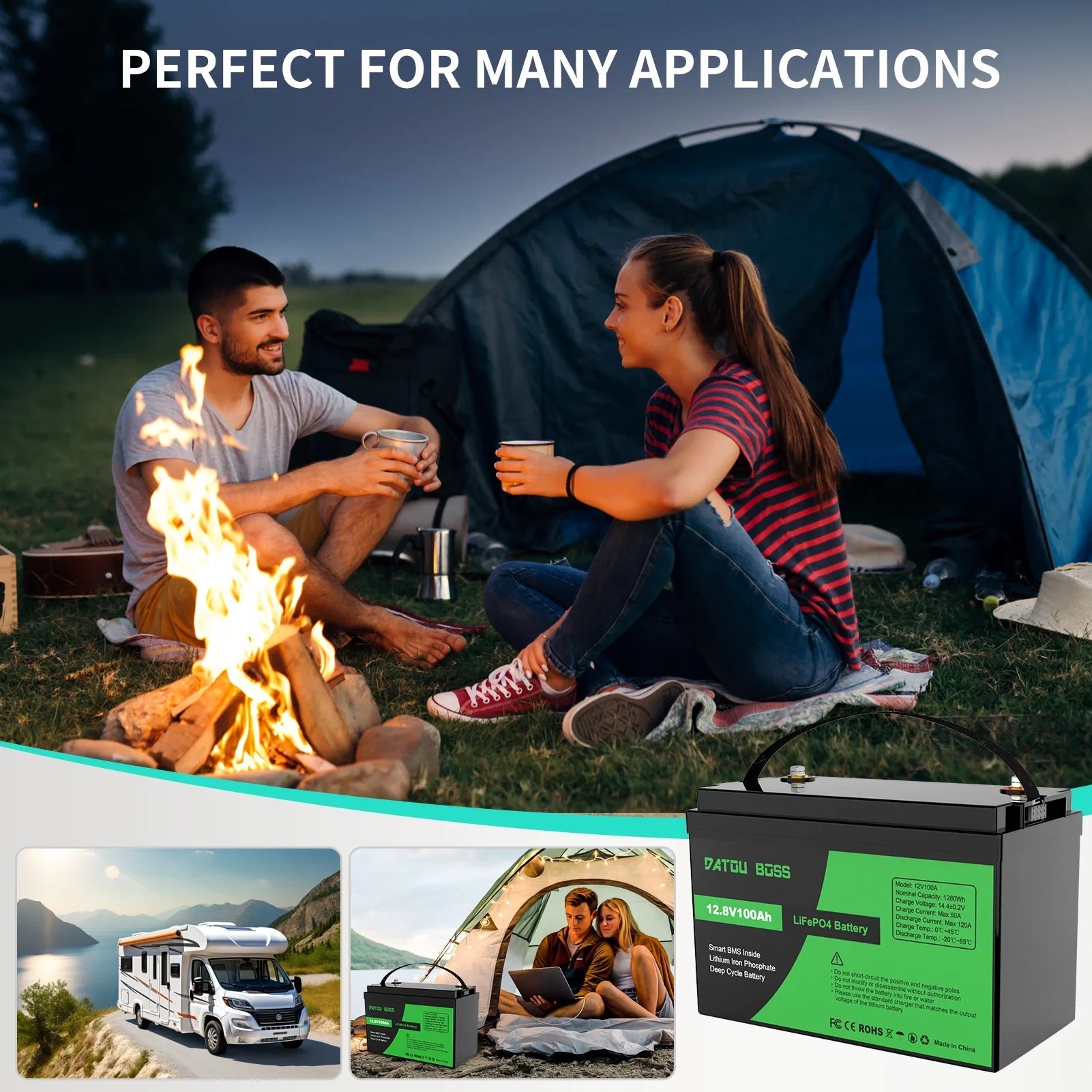 DATOUBOSS 12VDC–230VAC Hybrid Inverter 1800W & 12V 100Ah LiFePO4 Battery Combo Kit, Pure sine wave, 6000+ cycles for Off-Grid