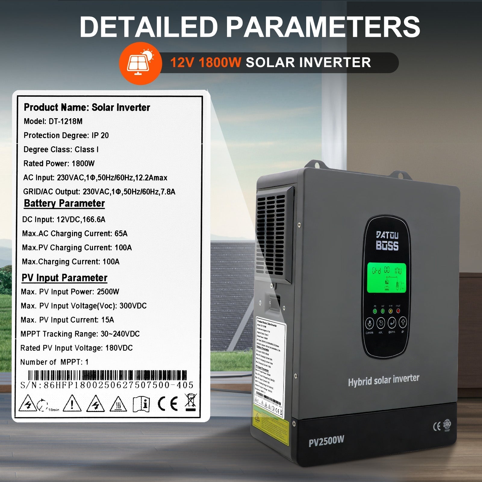 DATOUBOSS 1800W Hybrid Inverter and 12V 100Ah LiFePO4 battery (EVE Cells). for RV, home backup, off-grid use.