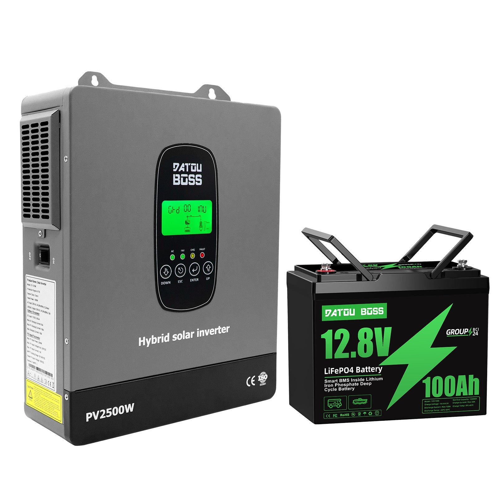 DATOUBOSS 12V–230V Hybrid Inverter 1800W & 1.28kWh 100Ah LiFePO4 battery. for RV, home backup, and off-grid use. Main image