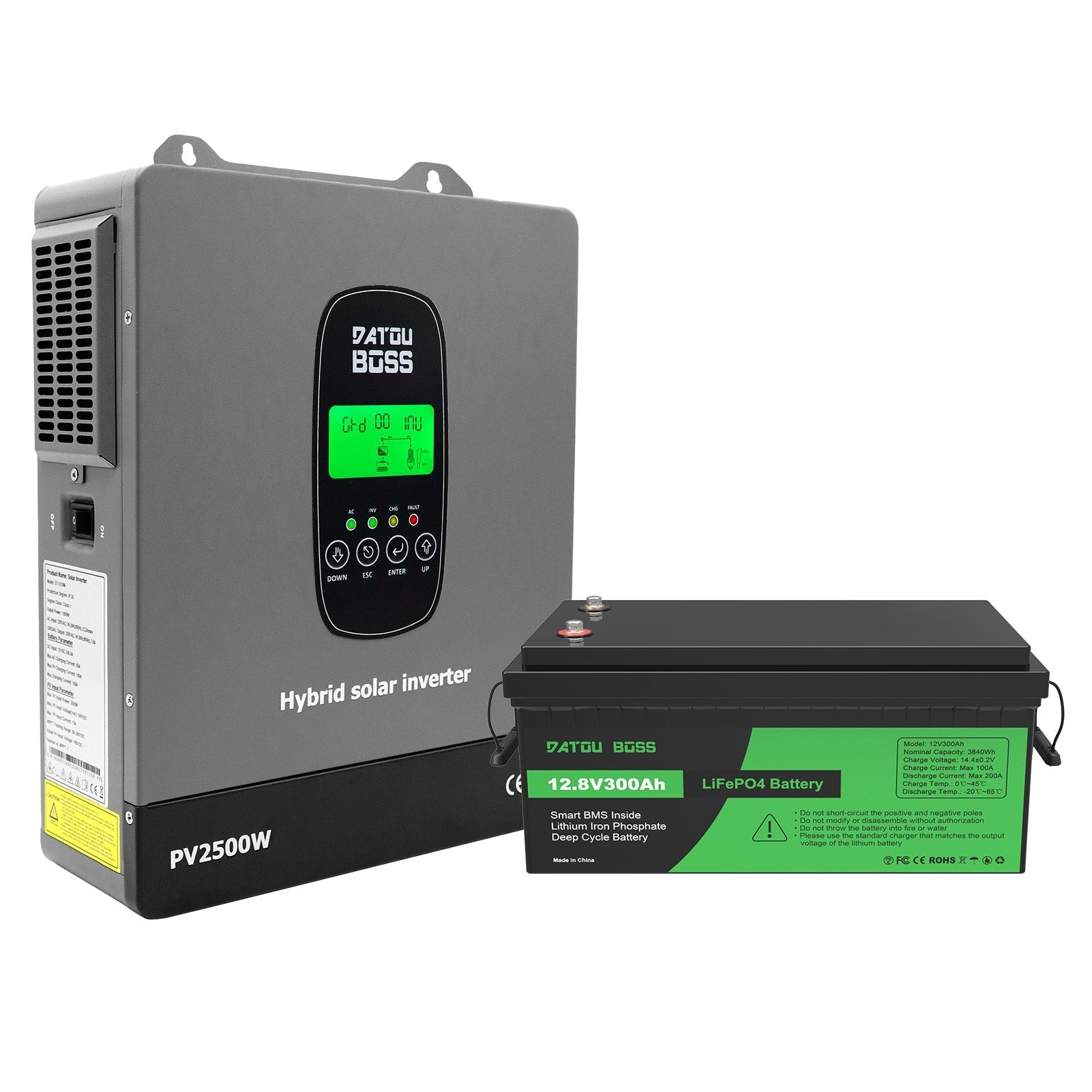 DATOUBOSS 1800W Hybrid Inverter + 12V 300Ah LiFePO4 battery kit. Ideal for RV, solar systems, and home backup power