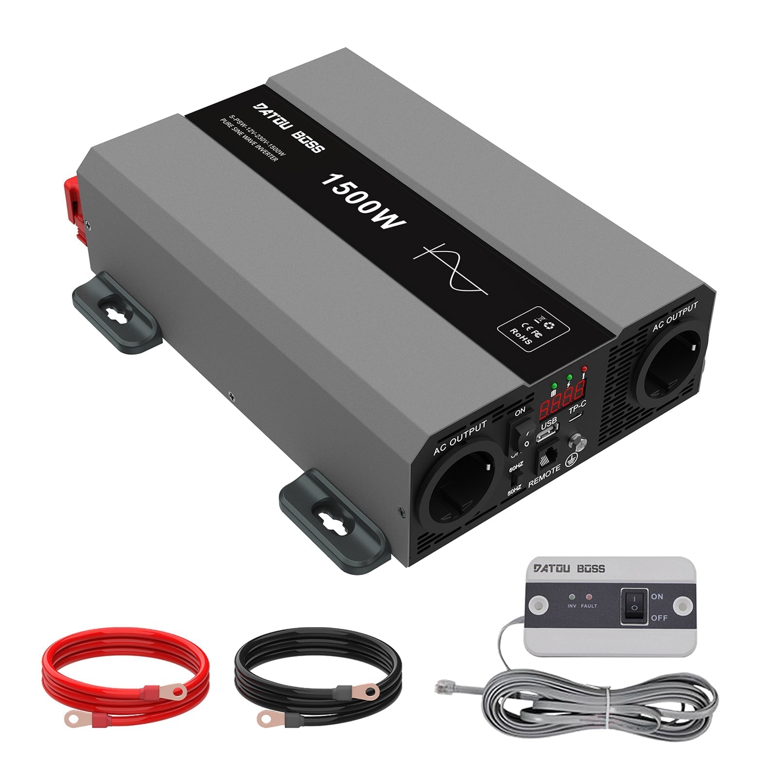 DATOUBOSS 1500W Pure Sine Wave Inverter with 3000W peak power. Features EU sockets, USB ports, for home, cars, and trucks. Main image