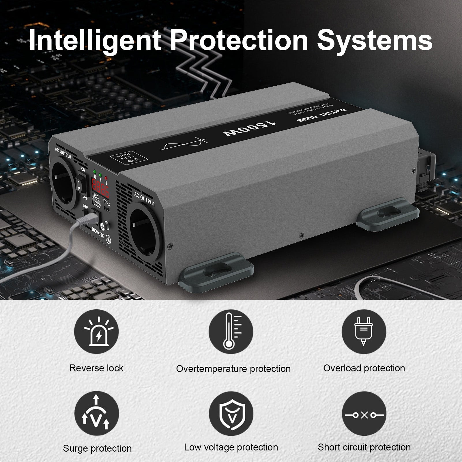 DATOUBOSS 1500W Pure Sine Wave Inverter with 3000W peak power. Features EU sockets, USB ports, for home, cars, and trucks.