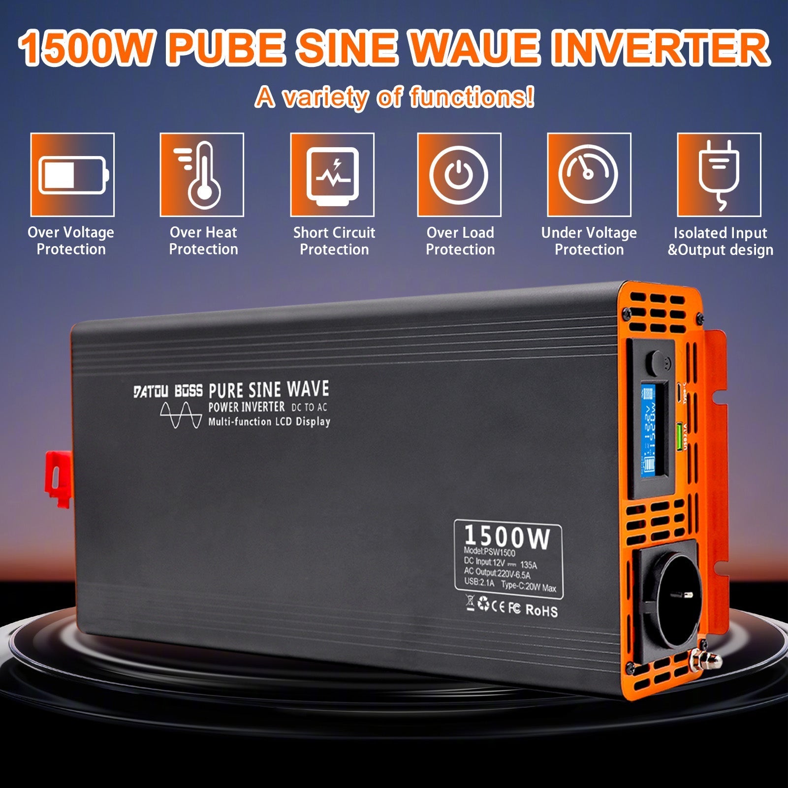 DATOUBOSS 1500W Pure Sine Wave Inverter with 3000W peak power. with EU socket, LCD screen, Type-C USB port for motor car RV