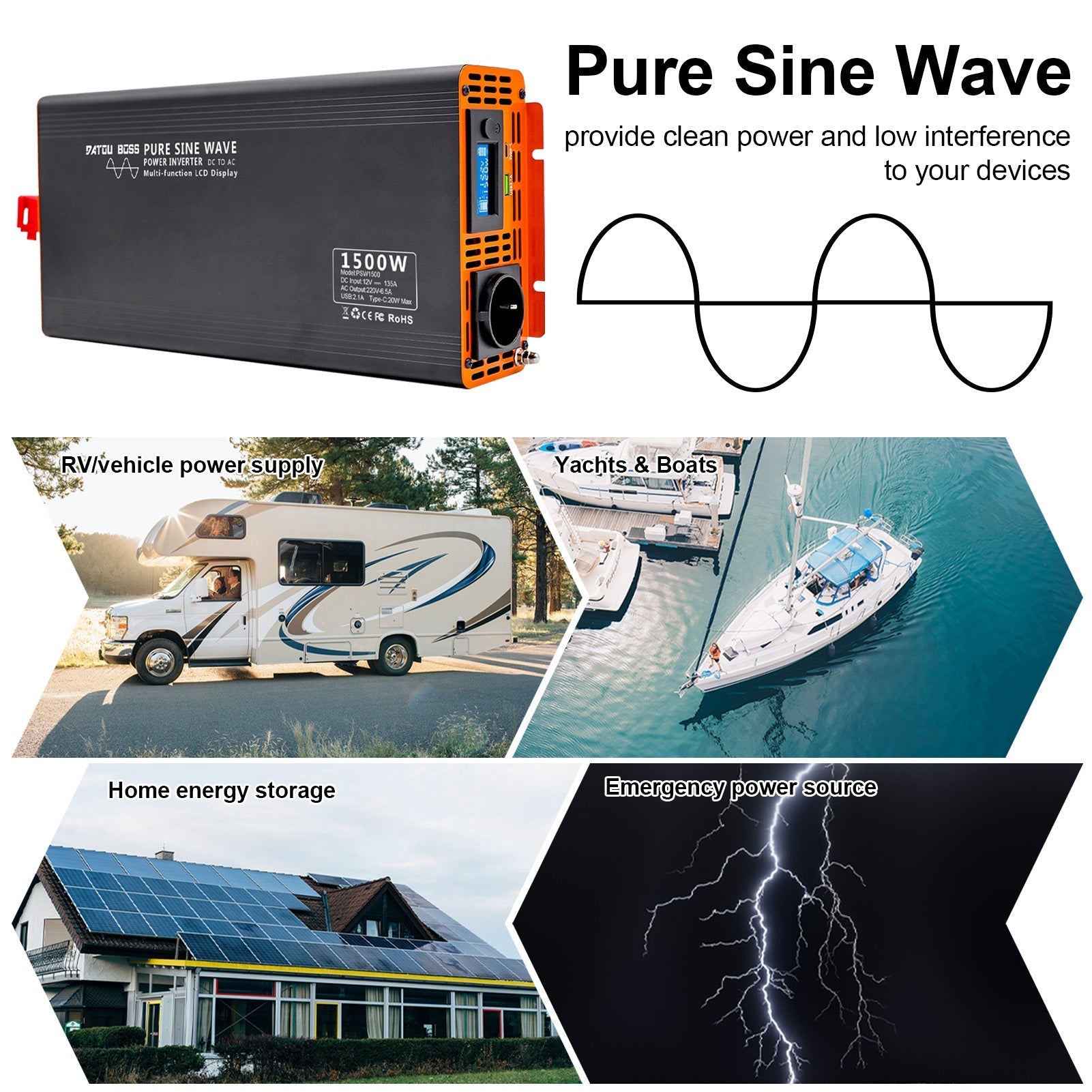 DATOUBOSS 1500W Pure Sine Wave Inverter with 3000W peak power. with EU socket, LCD screen, Type-C USB port for motor car RV
