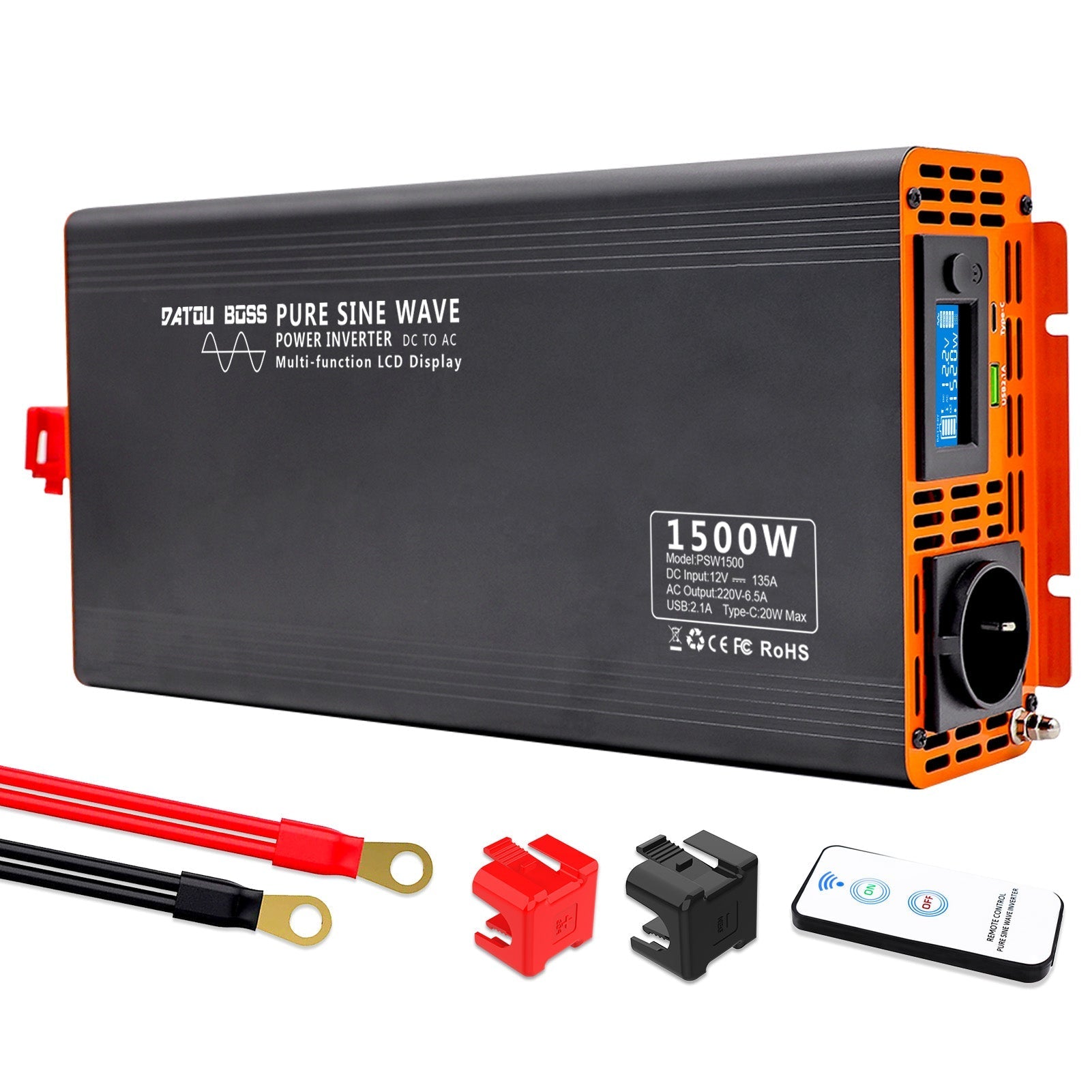 DATOUBOSS 1500W Pure Sine Wave Inverter with 3000W peak power. with EU socket, LCD screen, Type-C USB port for motor car RV Main image
