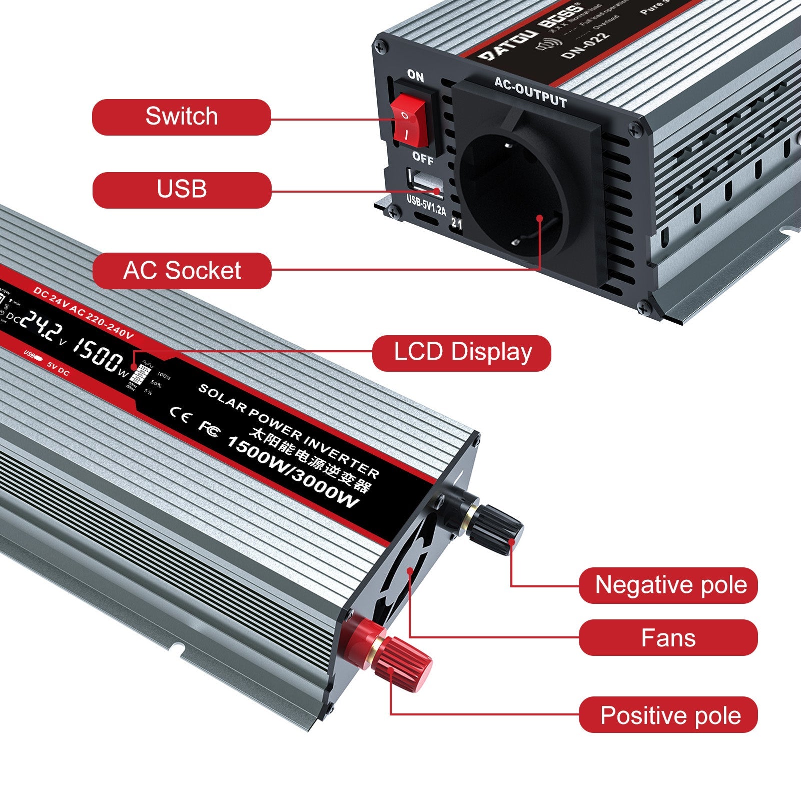 DATOUBOSS 1500W Pure Sine Wave Inverter, 24V to 230V, Peak Power 3000W, LED Display for RV Home Etc Secondary image