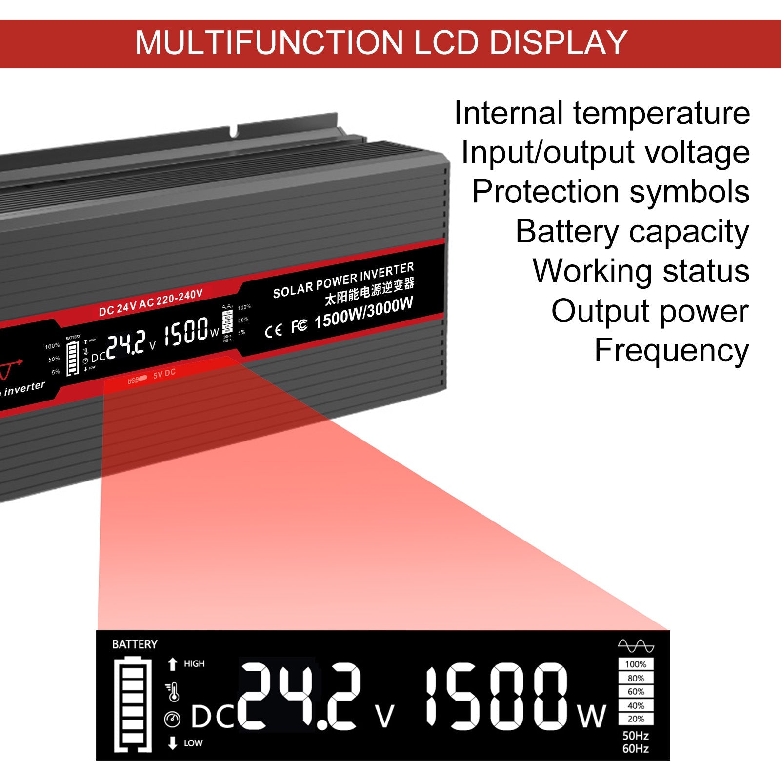 DATOUBOSS 1500W Pure Sine Wave Inverter, 3000W peak power. EU sockets, USB ports, and LED display for house, cars, trucks.